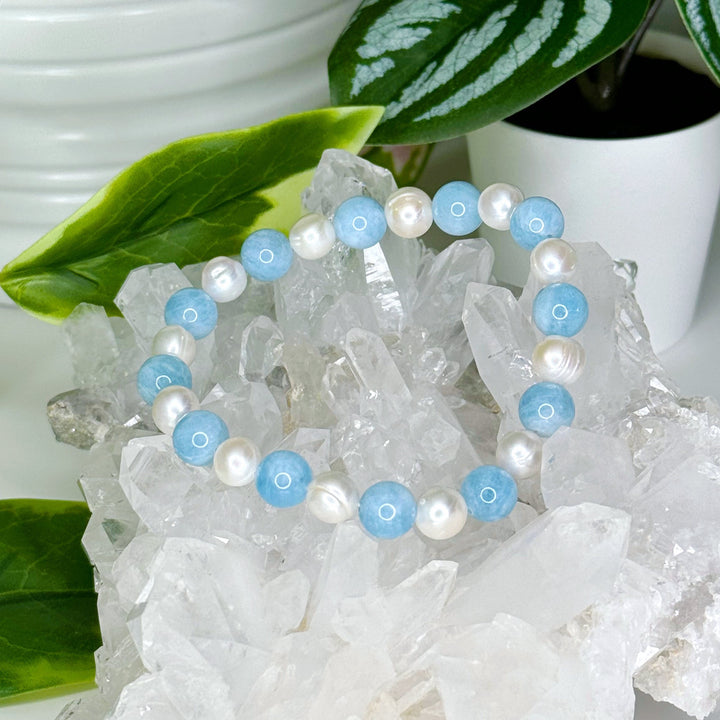 PEARL + AQUAMARINE 8mm - HANDMADE CRYSTAL BRACELET