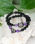ONYX + HEMATITE W/ SILVER SHEEN OBSIDIAN ACCENT 8mm - HANDMADE CRYSTAL BRACELET