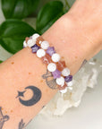 MOONSTONE 8mm + STRAWBERRY QUARTZ/LEPIDOLITE STARS - HANDMADE CRYSTAL BRACELET