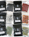 CRYSTAL CHIP BAGGIE - black onyx, black tourmaline, carnelian, chips, crystal chips, crystal grid, crystal grids, energy tool, garnet, green quartz, grid, gridding, prehnite, quartz, rainbow moonstone, white moonstone, white quartz - The Mineral Maven