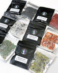 CRYSTAL CHIP BAGGIE - black onyx, black tourmaline, carnelian, chips, crystal chips, crystal grid, crystal grids, energy tool, garnet, green quartz, grid, gridding, prehnite, quartz, rainbow moonstone, white moonstone, white quartz - The Mineral Maven