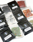 CRYSTAL CHIP BAGGIE - black onyx, black tourmaline, carnelian, chips, crystal chips, crystal grid, crystal grids, energy tool, garnet, green quartz, grid, gridding, prehnite, quartz, rainbow moonstone, white moonstone, white quartz - The Mineral Maven