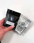 CRYSTAL CHIP BAGGIE - black onyx, black tourmaline, carnelian, chips, crystal chips, crystal grid, crystal grids, energy tool, garnet, green quartz, grid, gridding, prehnite, quartz, rainbow moonstone, white moonstone, white quartz - The Mineral Maven