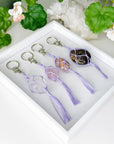 CRYSTAL MACRAME TASSEL - black moonstone, crystal keychain, crystal tassel, handmade, macrame, peach moonstone, recently, recently added, rose quartz, spring collection, tassel - The Mineral Maven