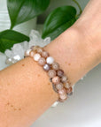 SHADED MOONSTONE 8mm - HANDMADE CRYSTAL BRACELET - 8mm, air, aquarius, bracelet, cancer, crystal bracelet, fertility, gemini, handmade bracelet, jewelry, libra, moonstone, Orange, peach moonstone, pisces, summerween collection, virgo, Wearable - The Mineral Maven