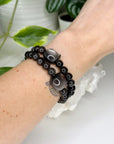 SILVER SHEEN OBSIDIAN CAT 8mm - HANDMADE CRYSTAL BRACELET - 10 Dec Inventory, 8mm, black, bracelet, cat, cat head, crystal bracelet, handmade bracelet, jewelry, June 2025 inventory check, kitty, memento mori, memento mori collection, moon, new critter drop, obsidian, Scorpio Season, silver sheen obsidian, Wearable - The Mineral Maven