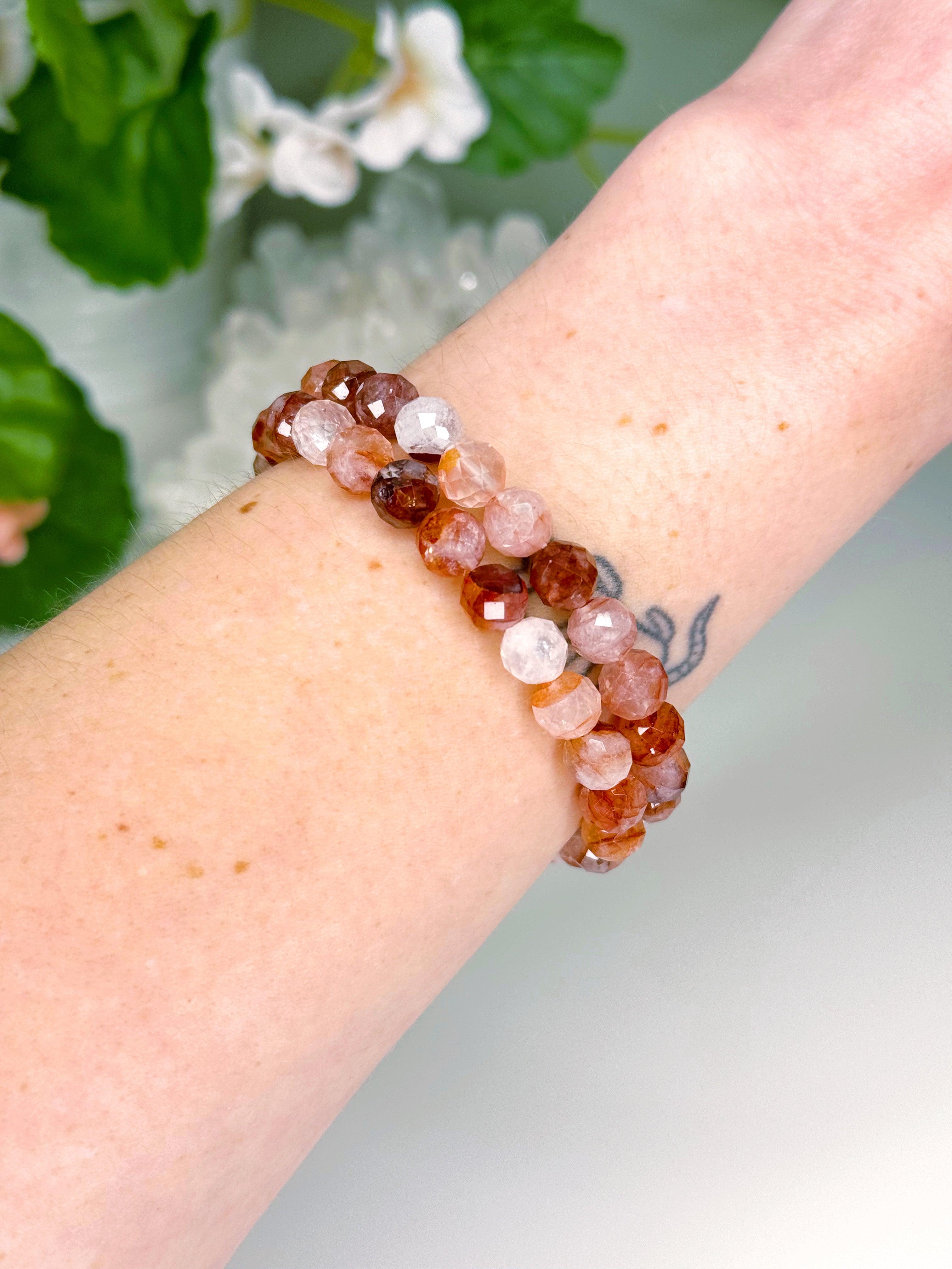 HEMATOID QUARTZ (FACETED) 8mm - HANDMADE CRYSTAL BRACELET - 8mm, bracelet, crystal bracelet, faceted, fire, handmade bracelet, hematite, hematite in quartz, hematoid quartz, jewelry, lepidocrocite, quartz, recently added, red, valentines bracelets, valentines vibes, Wearable - The Mineral Maven
