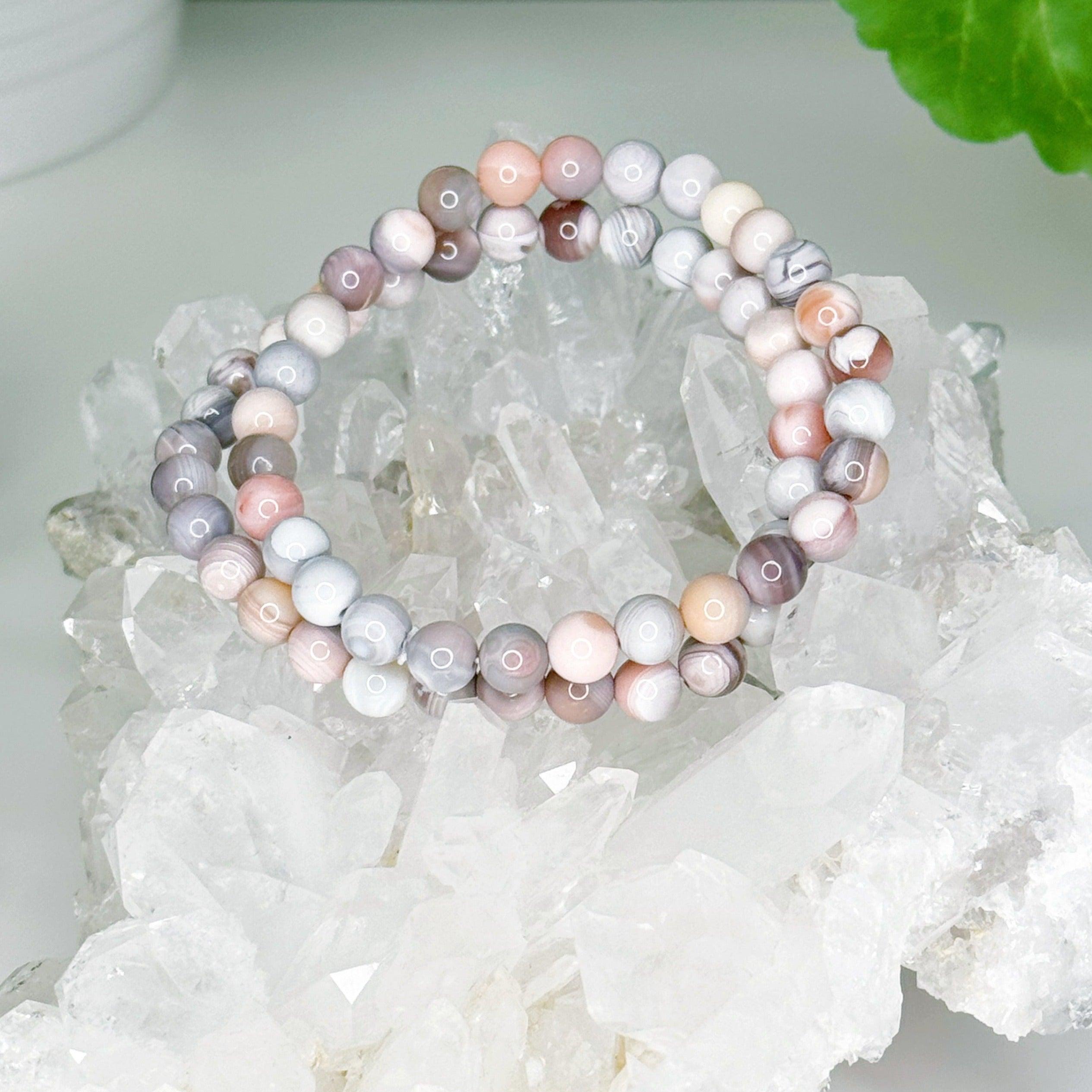 PINK BOTSWANA AGATE 6mm - HANDMADE CRYSTAL BRACELET - 6mm, agate, botswana agate, bracelet, clear/white, crystal bracelet, fire, gemini, gemini stack, grey, handmade bracelet, jewelry, mixed colors, pink, pink botswana agate, recently added, summer solstice, valentines bracelets, valentines vibes, Wearable - The Mineral Maven