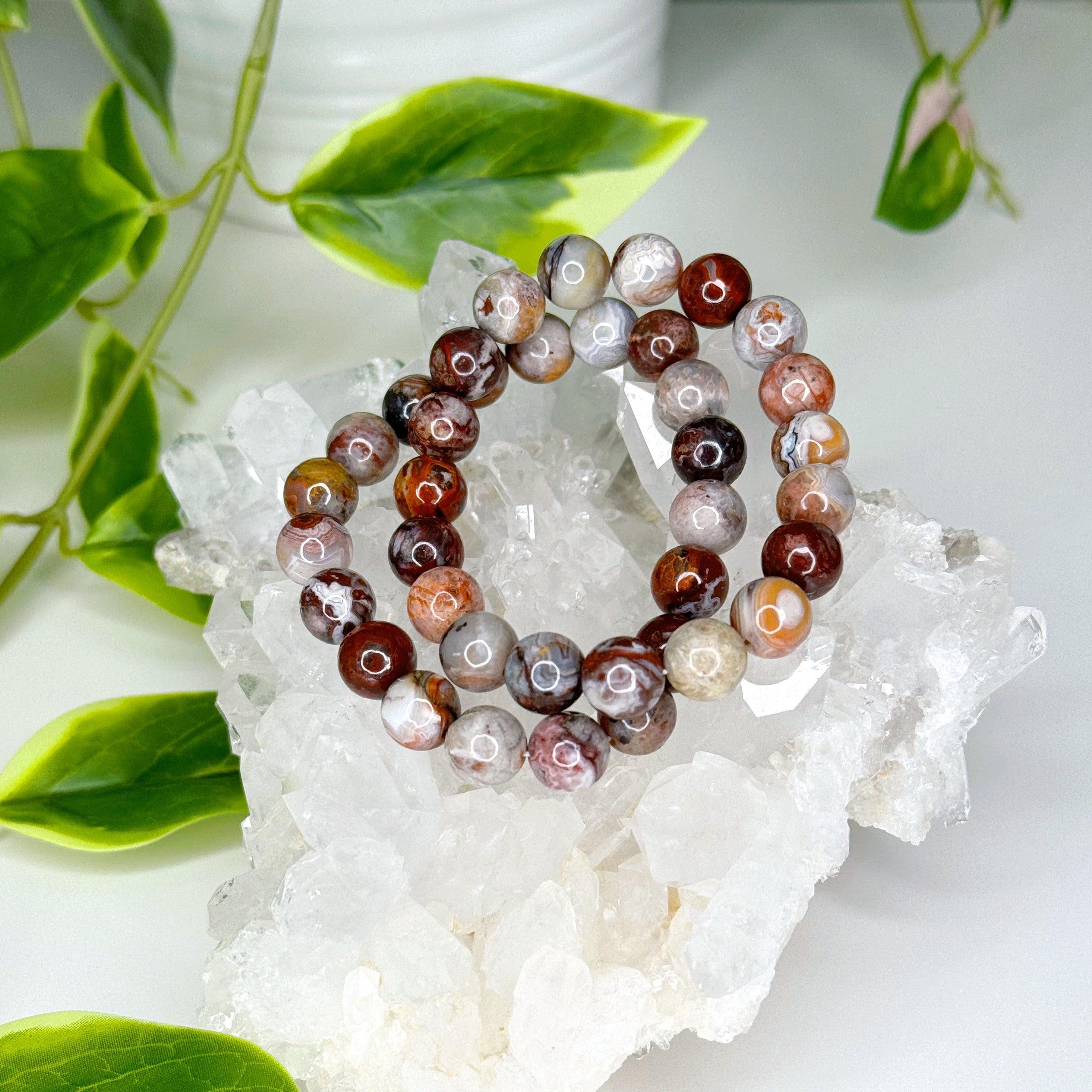 LAGUNA AGATE 10mm - HANDMADE CRYSTAL BRACELET - 10mm, agate, bracelet, brown, crystal bracelet, fire, gemini, gemini stack, grey, handmade bracelet, jewelry, laguna agate, market bracelet, mixed colors, recently added, spring collection, Wearable - The Mineral Maven