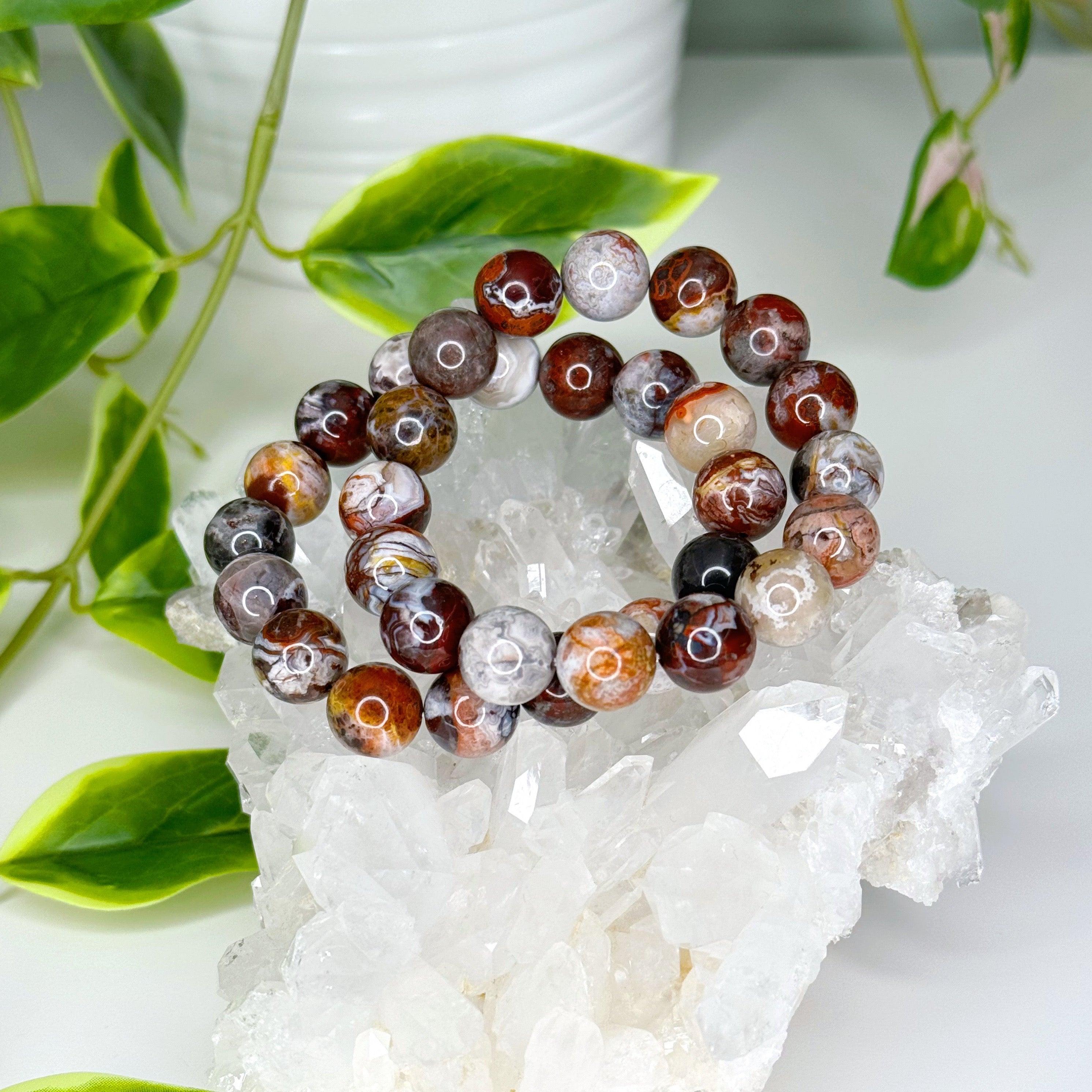 LAGUNA AGATE 12mm - HANDMADE CRYSTAL BRACELET - 12mm, agate, bracelet, brown, crystal bracelet, fire, gemini, gemini stack, grey, handmade bracelet, jewelry, laguna agate, market bracelet, mixed colors, recently added, spring collection, Wearable - The Mineral Maven
