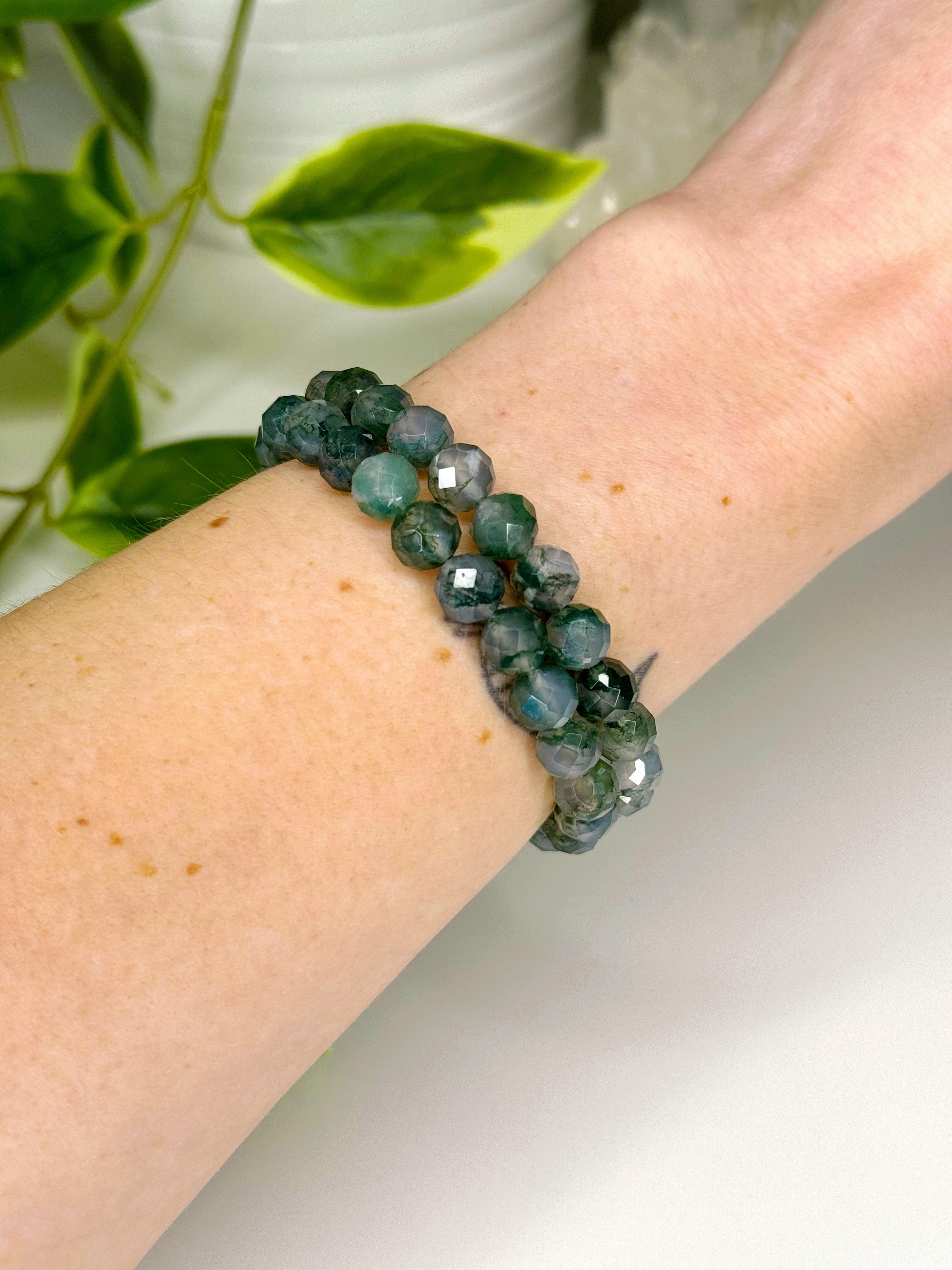 MOSS AGATE (FACETED) 8mm - HANDMADE CRYSTAL BRACELET - 8mm, bracelet, crystal bracelet, earth, faceted, handmade bracelet, jewelry, mercury retrograde stack, moss agate, recently added, spring collection, virgo, virgo stack, Wearable - The Mineral Maven