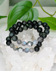 RAINBOW OBSIDIAN + MUONIONALUSTA METEORITE/LABRADORITE 10mm - HANDMADE CRYSTAL BRACELET