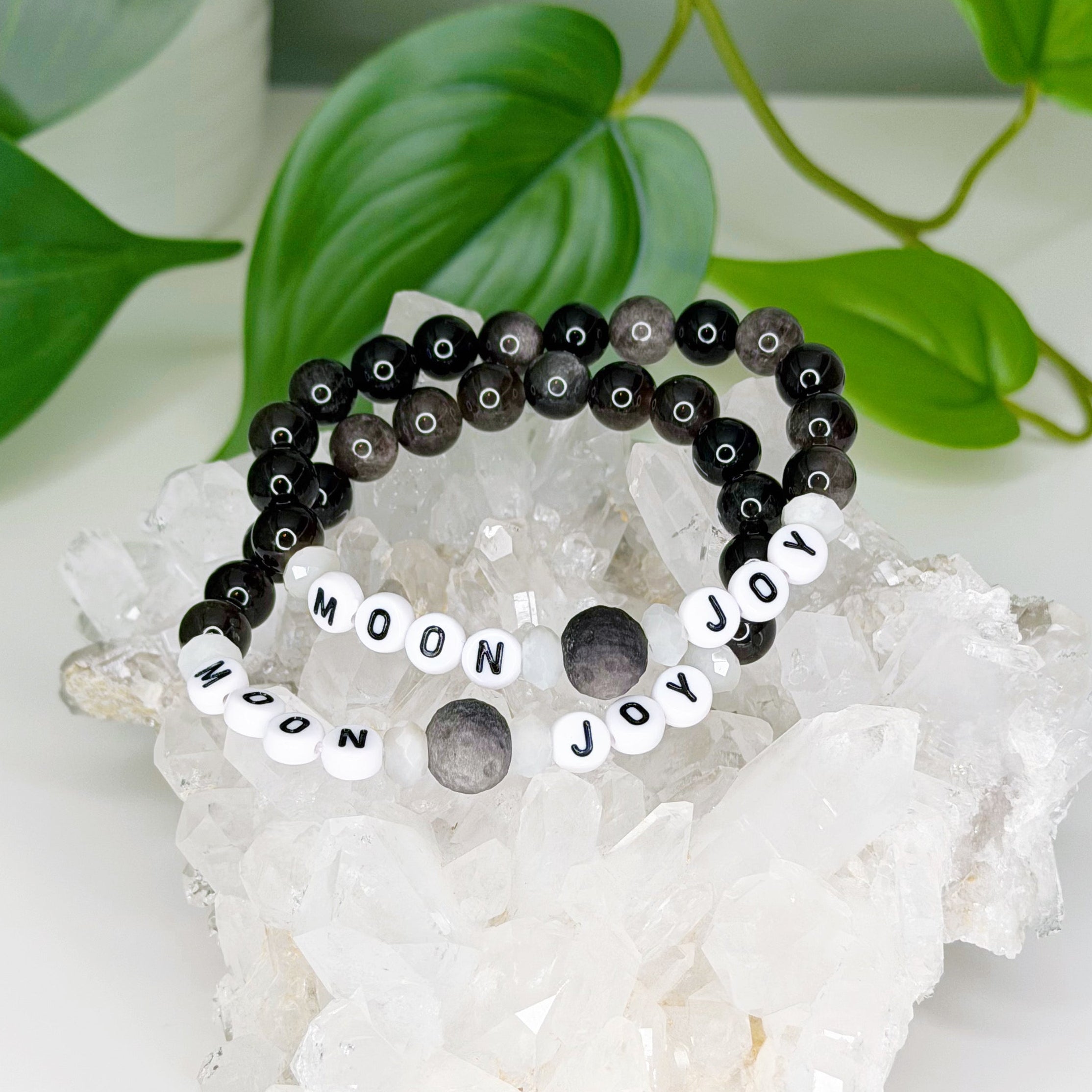 moonstone✨ブレスレットB26111 MOON JOY' SILVER SHEEN OBSIDIAN + MOONSTONE 8mm - HANDMADE CRYSTAL