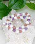 MOONSTONE 8mm + STRAWBERRY QUARTZ/LEPIDOLITE STARS - HANDMADE CRYSTAL BRACELET