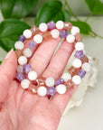 MOONSTONE 8mm + STRAWBERRY QUARTZ/LEPIDOLITE STARS - HANDMADE CRYSTAL BRACELET
