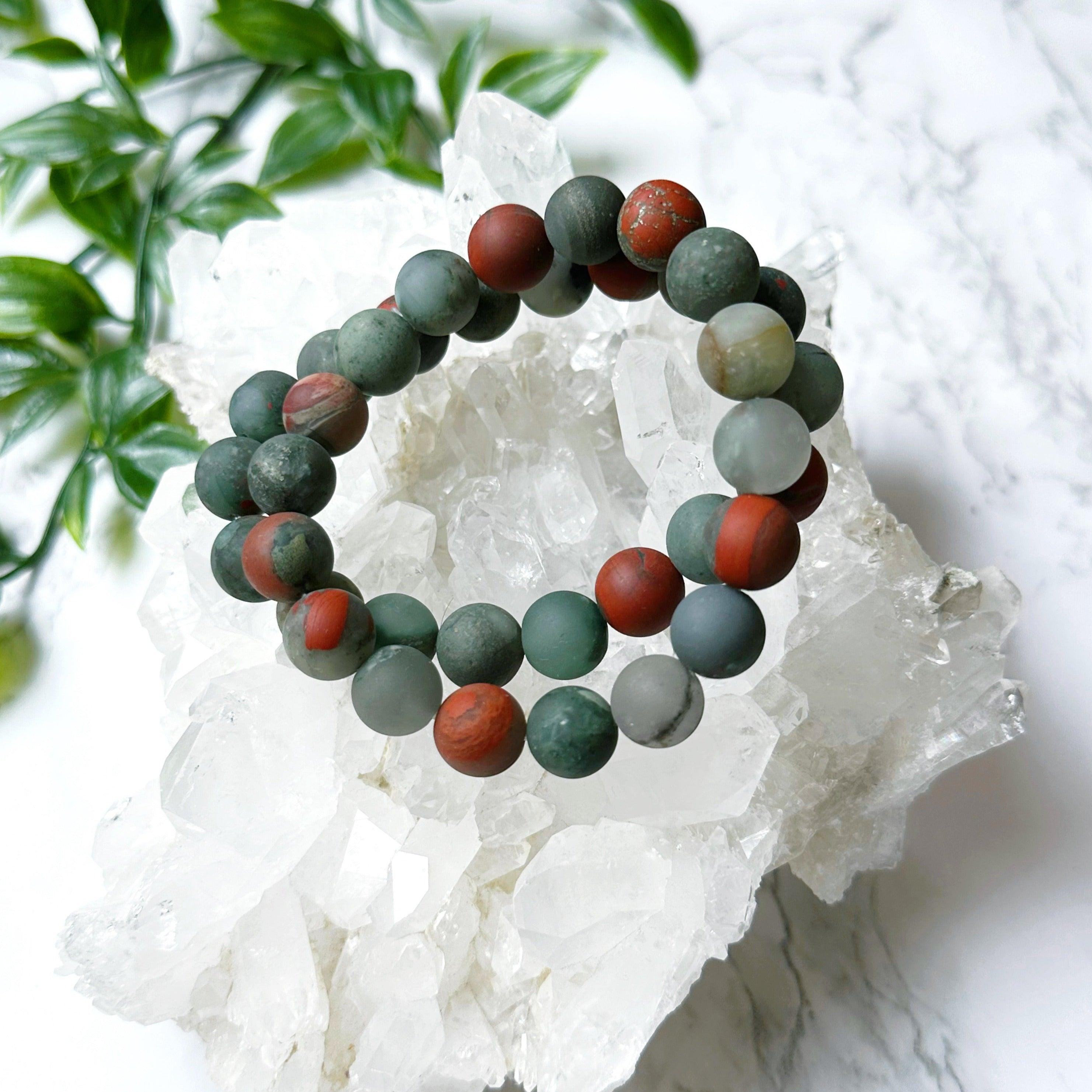 AFRICAN BLOODSTONE (MATTE) 10mm - HANDMADE CRYSTAL BRACELET - 10 Dec Inventory, 10mm, African bloodstone, Aries, aries stack, bracelet, bracelet inventory check, crystal bracelet, earth, emotional support, handmade bracelet, jewelry, June 2025 inventory check, june wrist candy, libra, libra stack, market bracelet, matte, mixed colors, pisces, pisces stack, protection gift bundle, scorpio stack, summer wrist candy, Wearable - The Mineral Maven