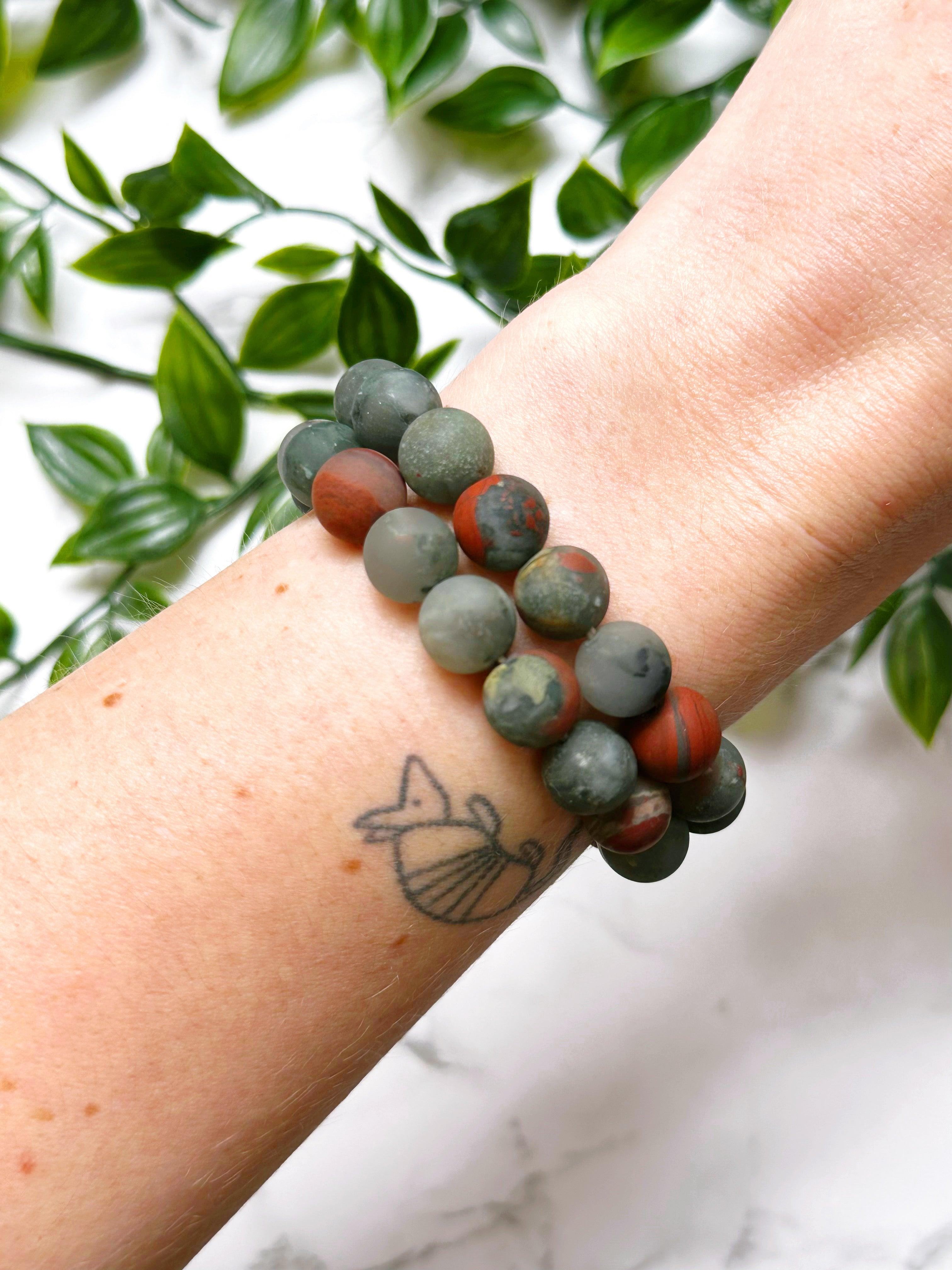 AFRICAN BLOODSTONE (MATTE) 10mm - HANDMADE CRYSTAL BRACELET - 10mm, African bloodstone, Aries, aries stack, bracelet, crystal bracelet, earth, emotional support, handmade bracelet, jewelry, june wrist candy, libra, libra stack, market bracelet, matte, mixed colors, pisces, pisces stack, protection gift bundle, recently added, restocked, scorpio stack, summer wrist candy, Wearable - The Mineral Maven