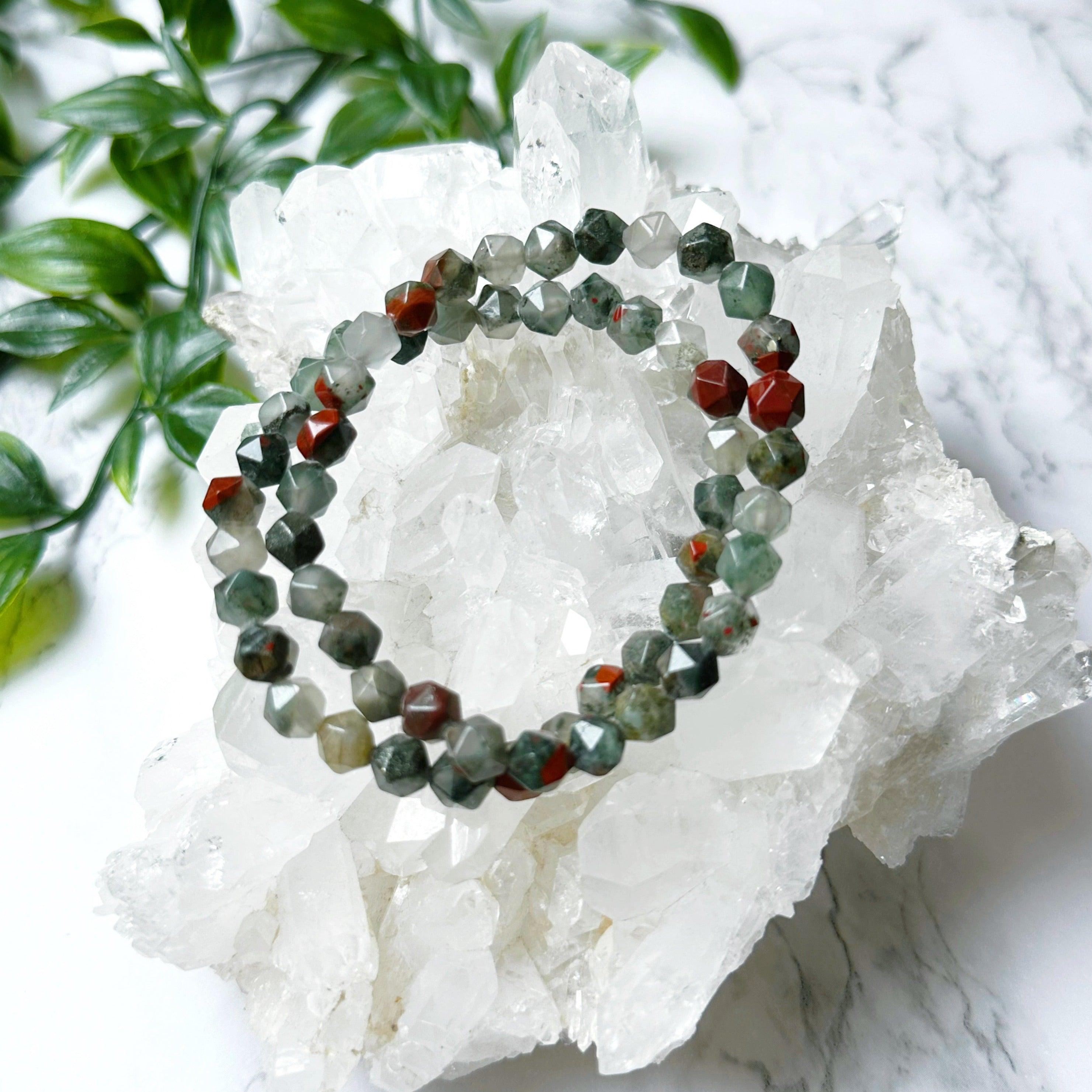 AFRICAN BLOODSTONE (STAR CUT) 6mm - HANDMADE CRYSTAL BRACELET - 6mm, African bloodstone, Aries, aries stack, bracelet, crystal bracelet, earth, emotional support, Friday the 13th, handmade bracelet, jewelry, libra, libra stack, market bracelet, mixed colors, pisces, pisces stack, protection gift bundle, recently added, scorpio stack, star cut, Wearable - The Mineral Maven