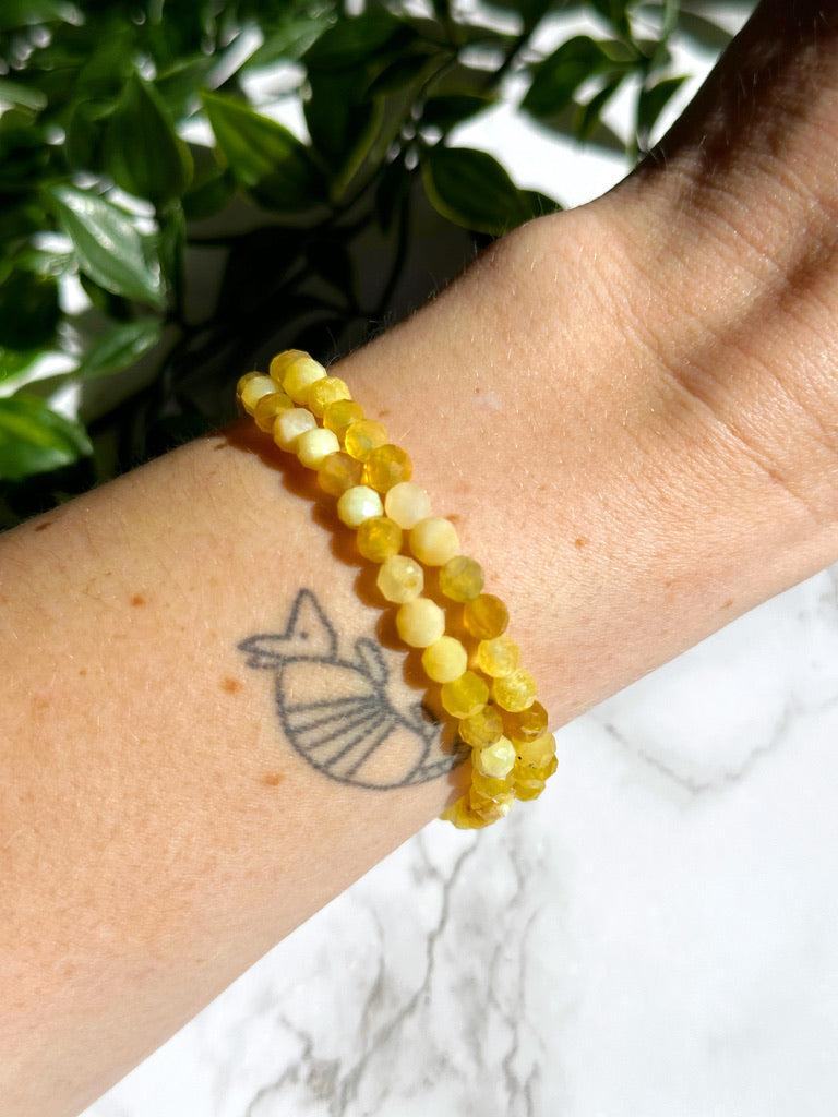 AFRICAN YELLOW OPAL (FACETED) 5mm - HANDMADE CRYSTAL BRACELET - 5mm, bracelet, cancer, crystal bracelet, faceted, fall-o-ween, fall-o-ween bracelets, gemini, handmade bracelet, jewelry, libra, market bracelet, opal, recently added, springtime, vernal vibes, Wearable, yellow, yellow opal - The Mineral Maven