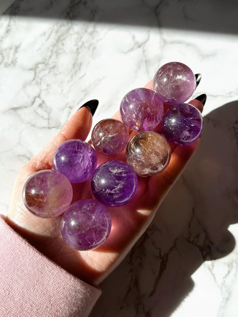 AMETRINE SPHERE - amethyst, ametrine, citrine, emotional support, february, focus gift bundle, grief gift bundle, mini sphere, polished, polished stone, recently added, sphere - The Mineral Maven