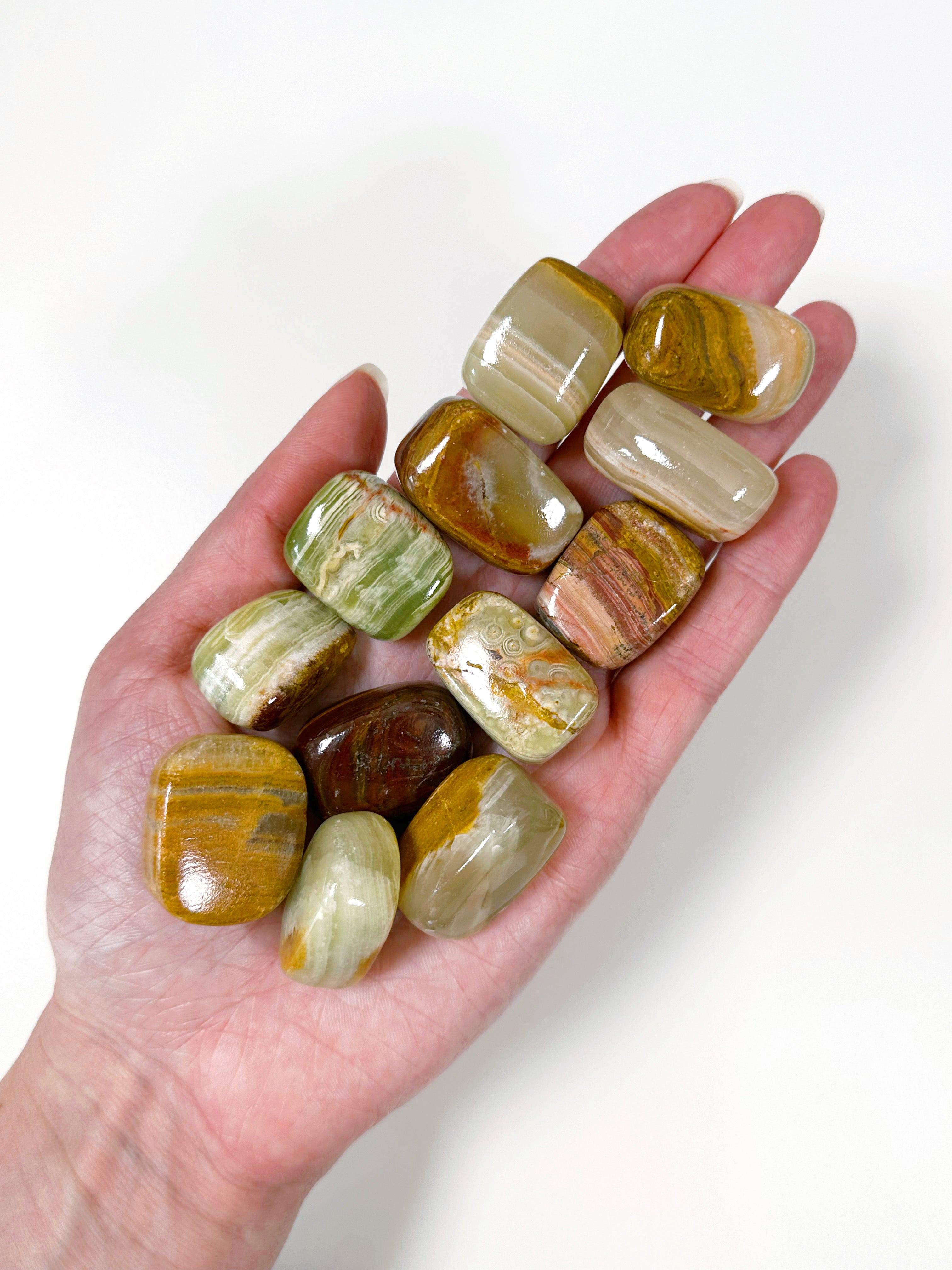 BANDED GREEN ONYX CHONK - banded onyx, bulk, emotional support, green calcite, green onyx, pocket crystal, pocket stone, recently added, tumble, tumbled, tumbled stone, tumbles - The Mineral Maven