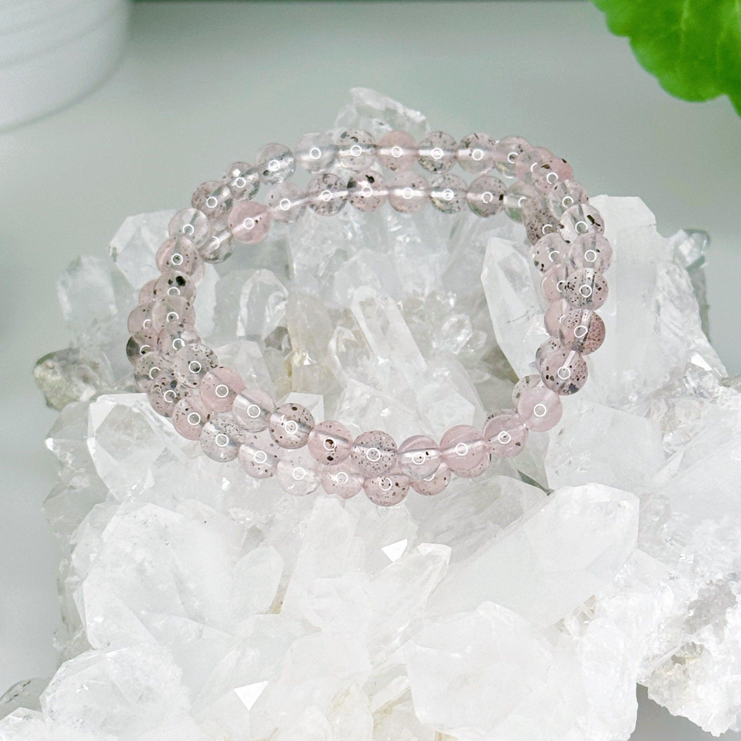 BLACK HEMATITE IN PINK QUARTZ 6mm - HANDMADE CRYSTAL BRACELET - 6mm, black hematite, bracelet, crystal bracelet, handmade bracelet, hematite, jewelry, pink, pink quartz, recently added, valentines bracelets, valentines vibes, Wearable - The Mineral Maven