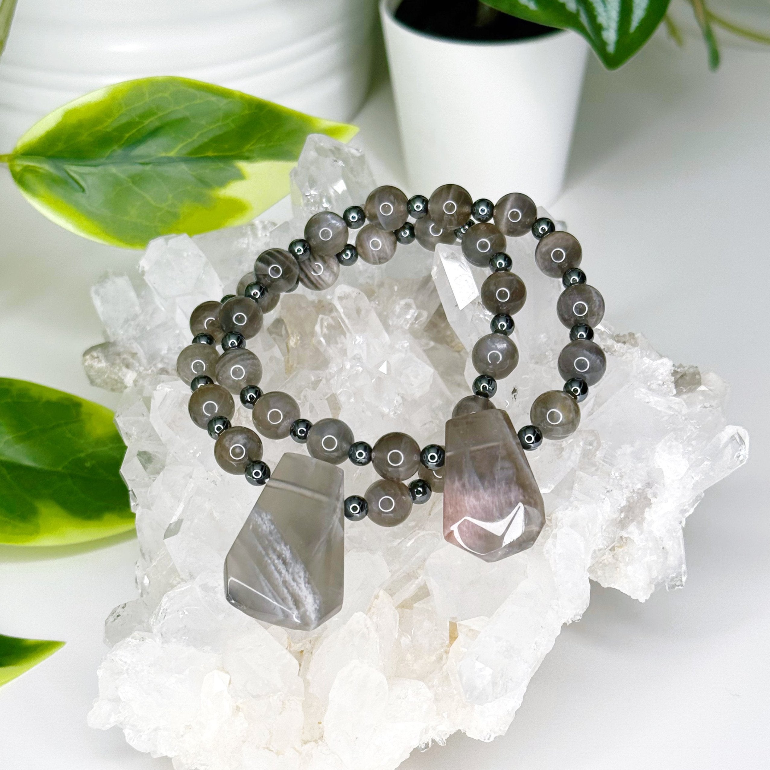 BLACK MOONSTONE COFFIN 8mm + HEMATITE - HANDMADE CRYSTAL BRACELET - 10 Dec Inventory, 8mm, black, black moonstone, bracelet, cancer, coffin, crystal bracelet, fertility, grey, handmade bracelet, hematite, jewelry, June 2025 inventory check, libra, memento mori, memento mori collection, moon, scorpio, single bracelet, Wearable - The Mineral Maven
