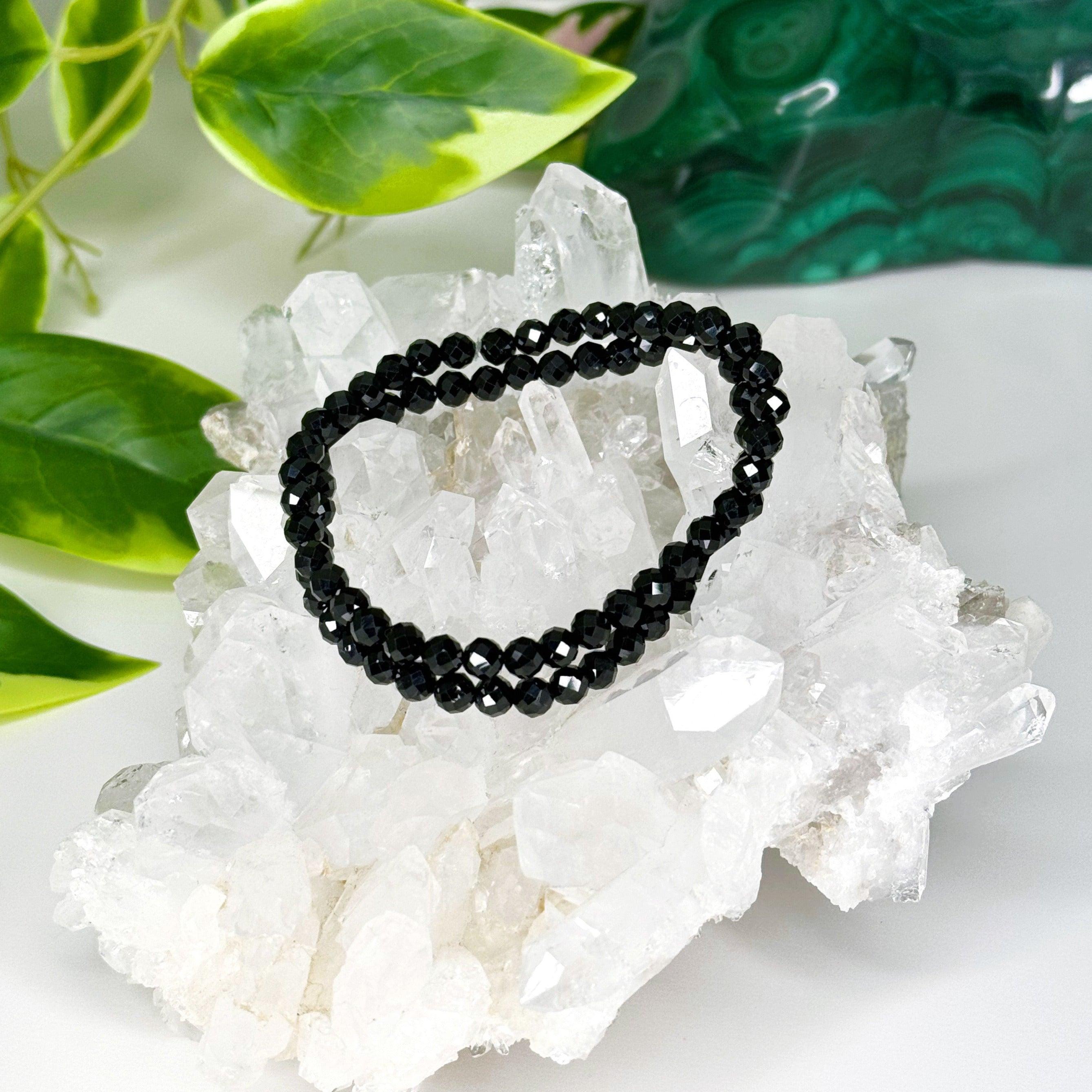 BLACK SPINEL (FACETED) 5mm - HANDMADE CRYSTAL BRACELET - 5mm, aries, black, black spinel, bracelet, crystal bracelet, earth, faceted, handmade bracelet, jewelry, market bracelet, protection gift bundle, recently added, sagittarius, Scorpio Season, spinel, Wearable - The Mineral Maven