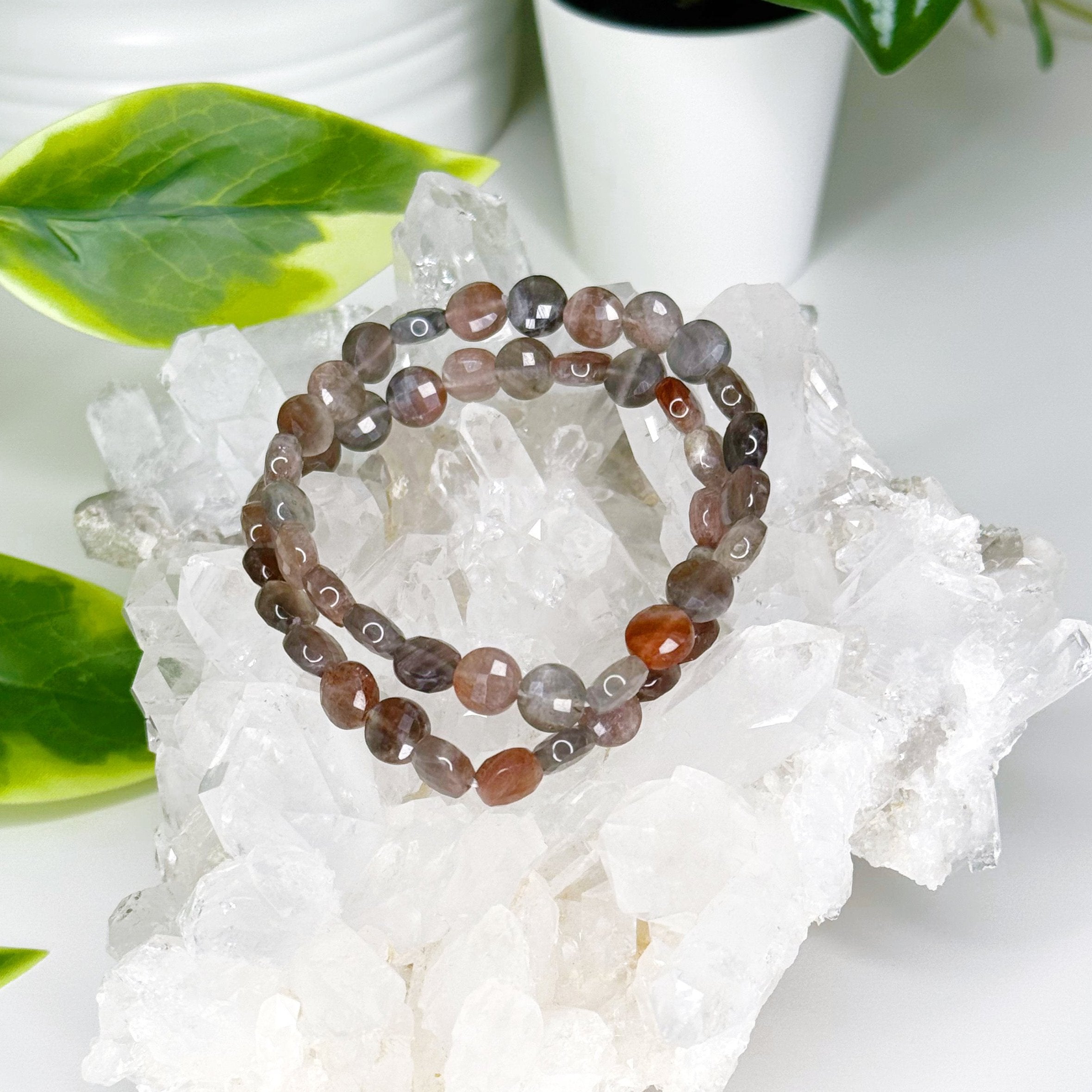 BLACK SUNSTONE (FACETED COIN) 8mm - HANDMADE CRYSTAL BRACELET - 10 Dec Inventory, 8mm, black sunstone, bracelet, career, crystal bracelet, faceted, faceted coin, fire, handmade bracelet, jewelry, June 2025 inventory check, Leo, Leo szn, libra, market bracelet, memento mori, memento mori collection, orange, sunstone, Wearable - The Mineral Maven