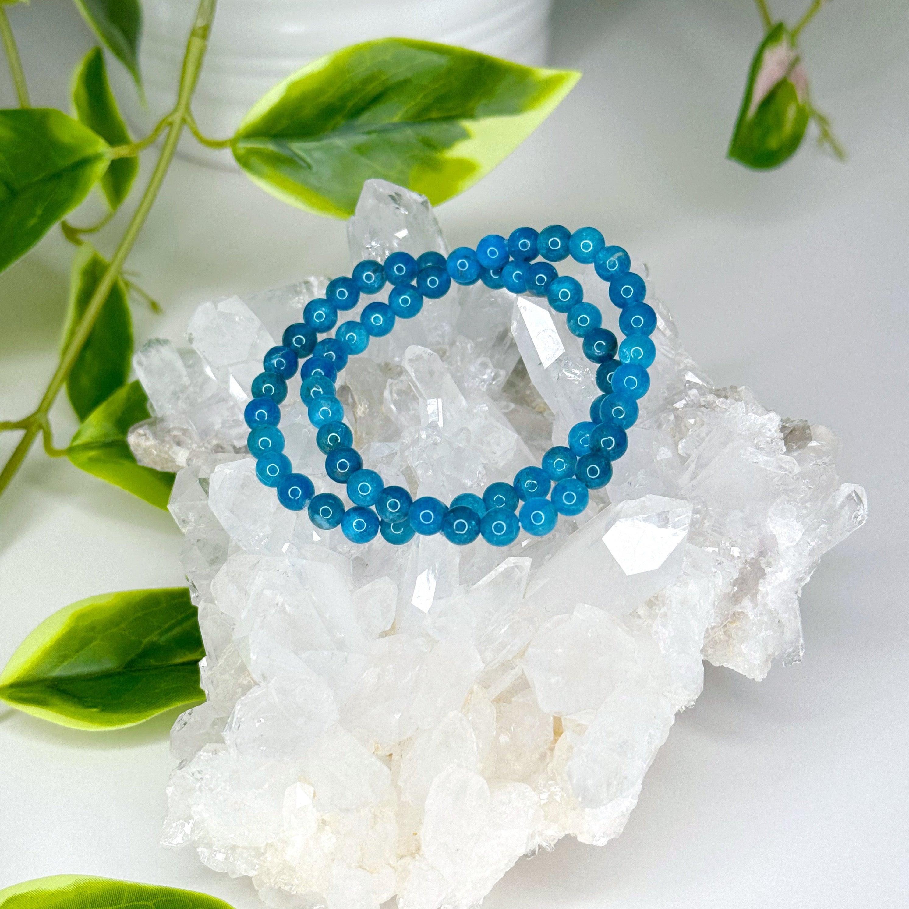 BLUE APATITE 6mm - HANDMADE CRYSTAL BRACELET - 6mm, air, apatite, blue, blue apatite, bracelet, crystal bracelet, handmade bracelet, jewelry, recently added, spring collection, springtime, vernal vibes, water, Wearable - The Mineral Maven
