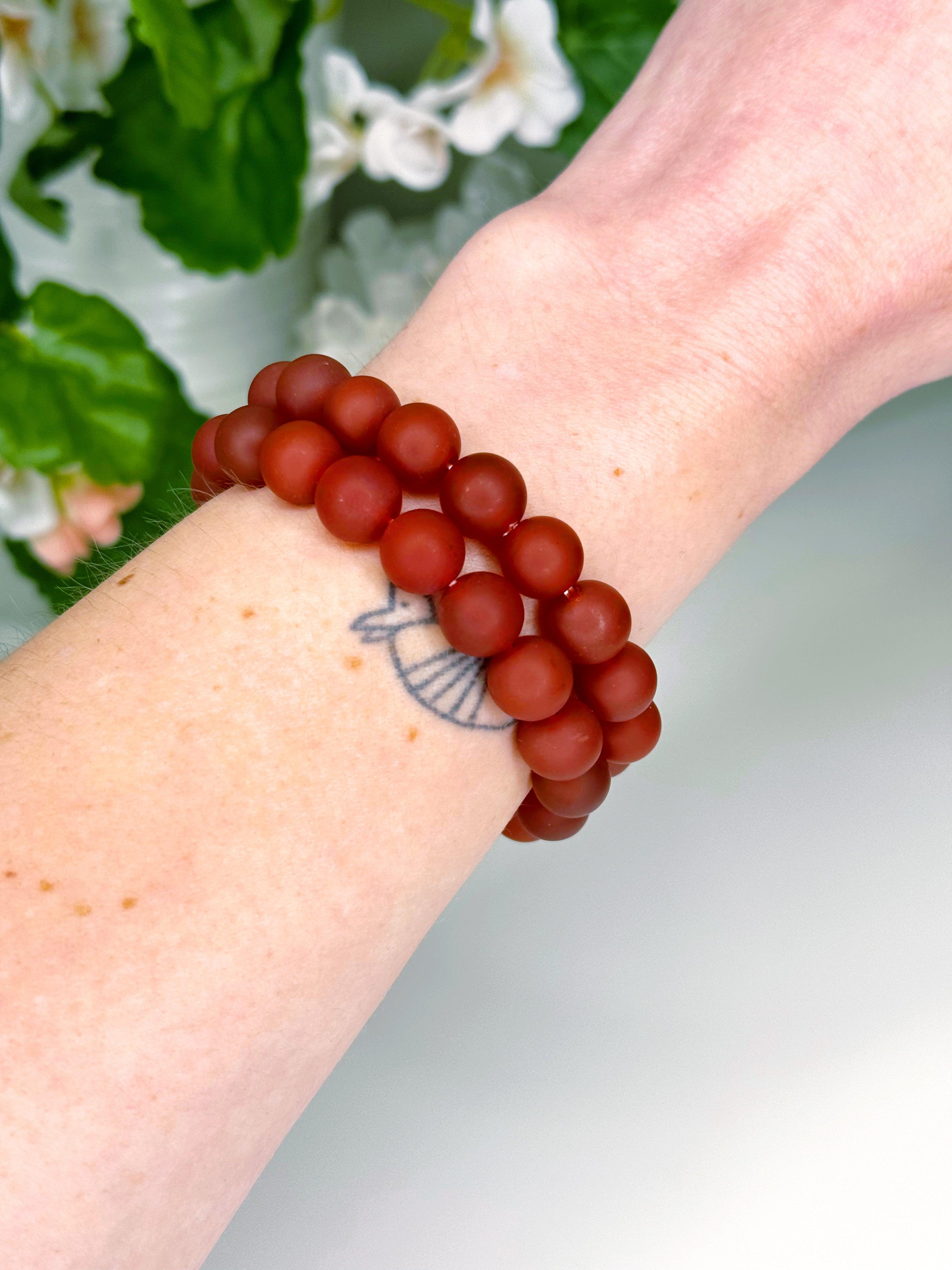 CARNELIAN (MATTE) 10mm - HANDMADE CRYSTAL BRACELET - 10 Dec Inventory, 10mm, aries, bracelet, bracelet inventory check, cancer, career, carnelian, crystal bracelet, crystals for beginners, fertility, fire, handmade bracelet, jewelry, June 2025 inventory check, Leo, Leo szn, matte, red, taurus, valentines bracelets, valentines vibes, virgo, Wearable - The Mineral Maven