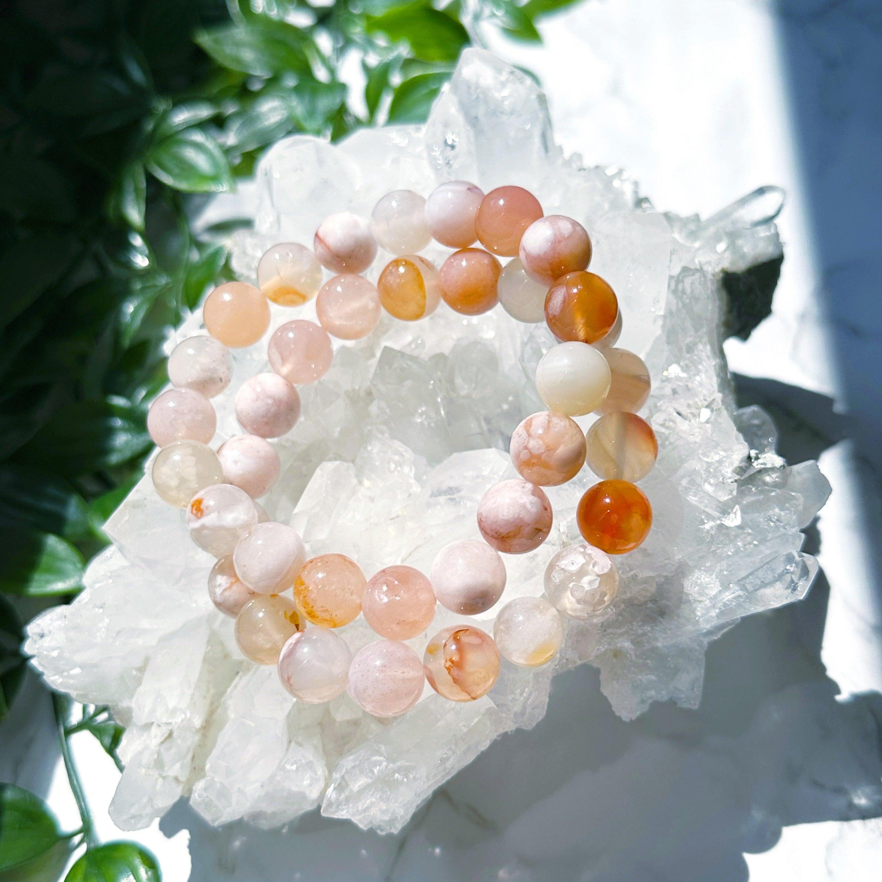 CHERRY BLOSSOM AGATE 10mm - HANDMADE CRYSTAL BRACELET - 10 Dec Inventory, 10mm, april astro, bracelet, bracelet inventory check, cherry blossom agate, clear/white, cream/beige, crystal bracelet, flower agate, handmade bracelet, jewelry, June 2025 inventory check, market bracelet, Wearable - The Mineral Maven