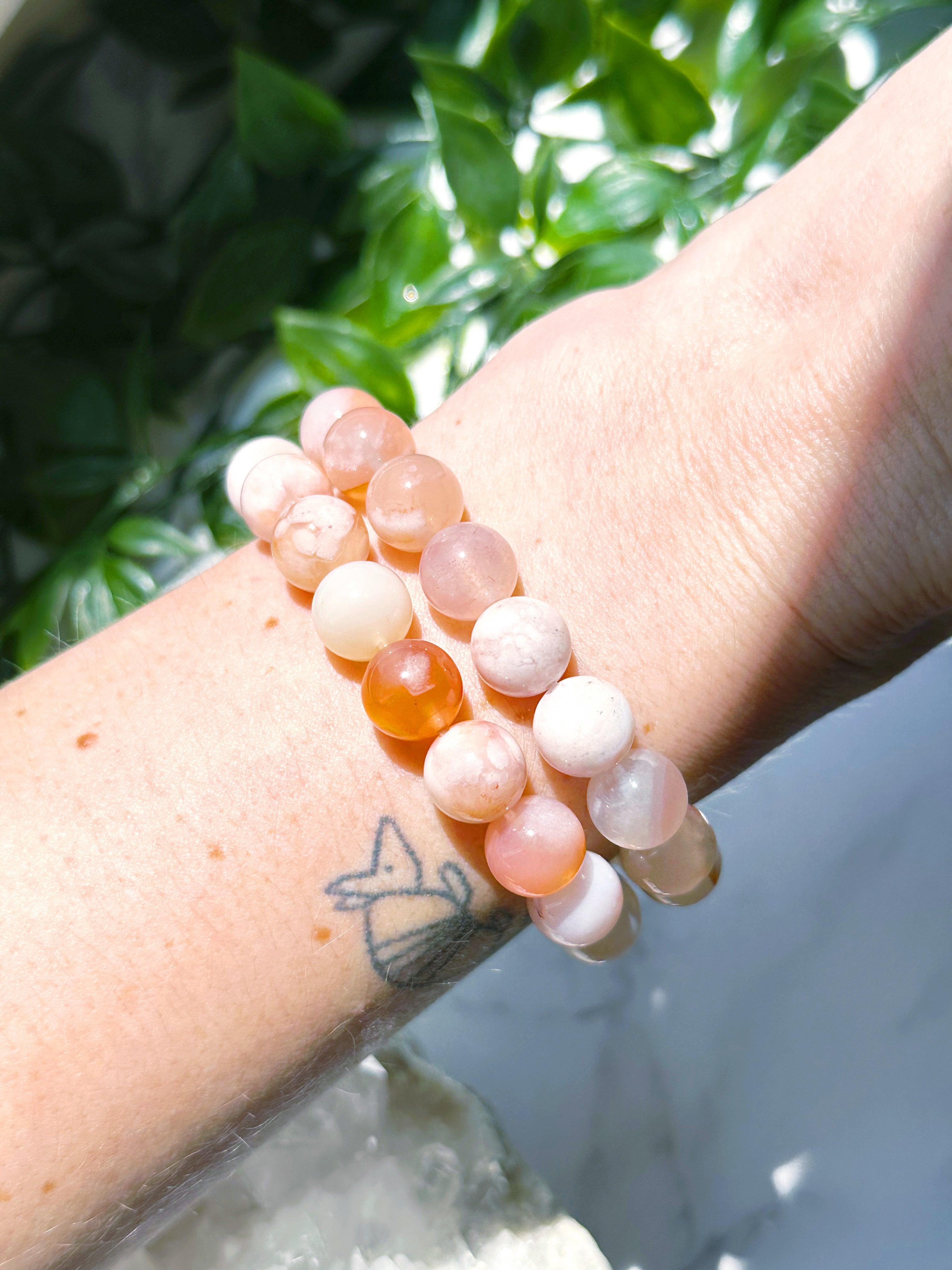 CHERRY BLOSSOM AGATE 10mm - HANDMADE CRYSTAL BRACELET - 10 Dec Inventory, 10mm, april astro, bracelet, bracelet inventory check, cherry blossom agate, clear/white, cream/beige, crystal bracelet, flower agate, handmade bracelet, jewelry, June 2025 inventory check, market bracelet, Wearable - The Mineral Maven