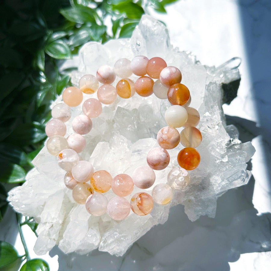 CHERRY BLOSSOM AGATE 10mm - HANDMADE CRYSTAL BRACELET - 10mm, april astro, bracelet, cherry blossom agate, clear/white, cream/beige, crystal bracelet, flower agate, handmade bracelet, jewelry, market bracelet, recently added, restocked, Wearable - The Mineral Maven