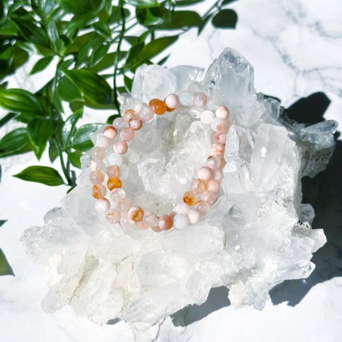 CHERRY BLOSSOM AGATE 6mm - HANDMADE CRYSTAL BRACELET - 6mm, bracelet, cherry blossom agate, crystal bracelet, flower agate, handmade bracelet, jewelry, june wrist candy, market bracelet, mixed colors, pink, recently added, red, springtime, summer wrist candy, vernal vibes, Wearable - The Mineral Maven