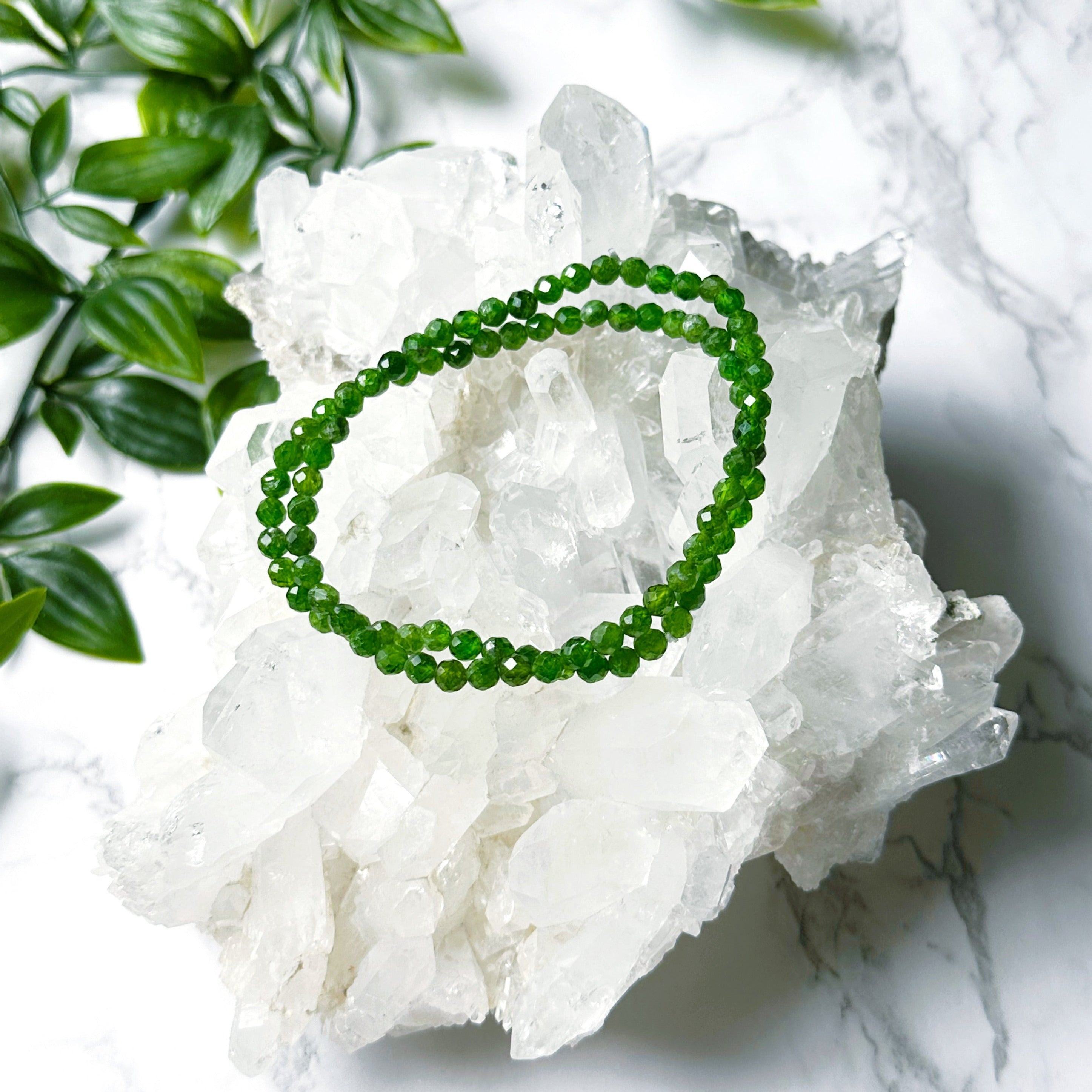 CHROME DIOPSIDE (FACETED) 4mm - HANDMADE CRYSTAL BRACELET - 4mm, april astro, bracelet, chrome diopside, crystal bracelet, faceted, green, handmade bracelet, jewelry, love gift bundle, market bracelet, mini, mini update, recently added, Wearable - The Mineral Maven