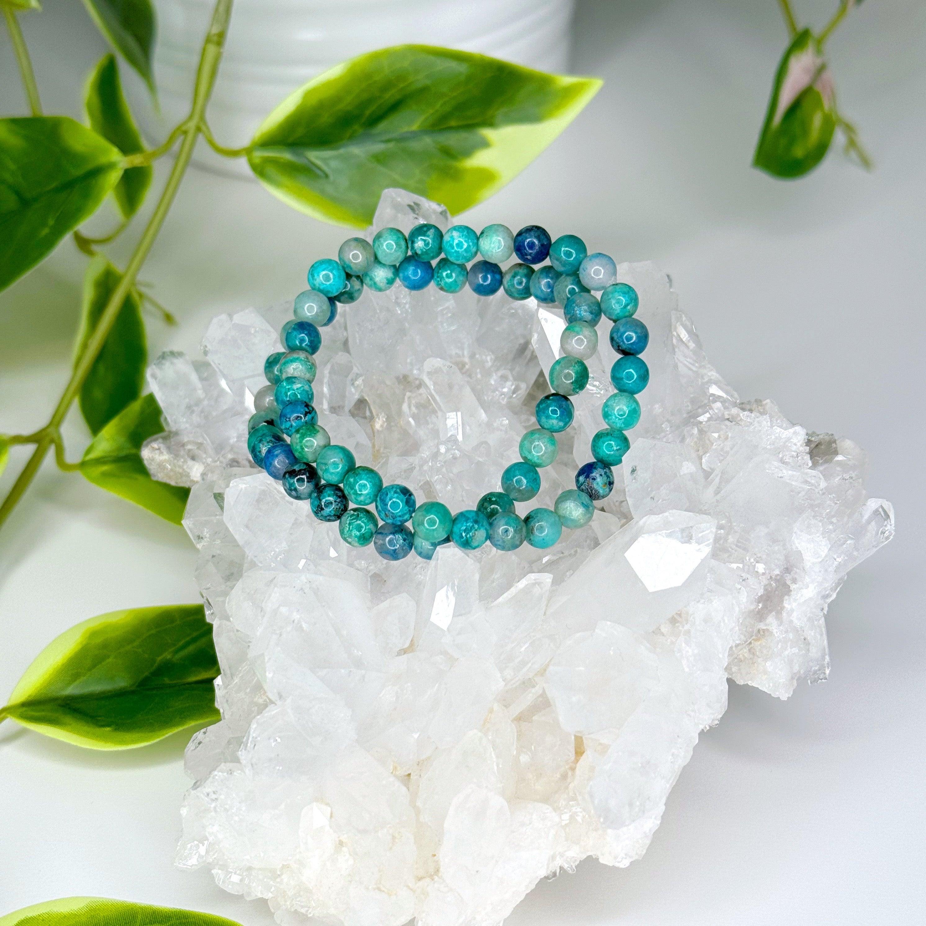 CHRYSOCOLLA IN QUARTZ 6mm - HANDMADE CRYSTAL BRACELET - 6mm, black, blue, bracelet, chrysocolla, crystal bracelet, gemini, gemini stack, green, handmade bracelet, jewelry, obsidian, recently added, scorpio, scorpio stack, silver sheen obsidian, spring collection, virgo, virgo stack, water, Wearable - The Mineral Maven
