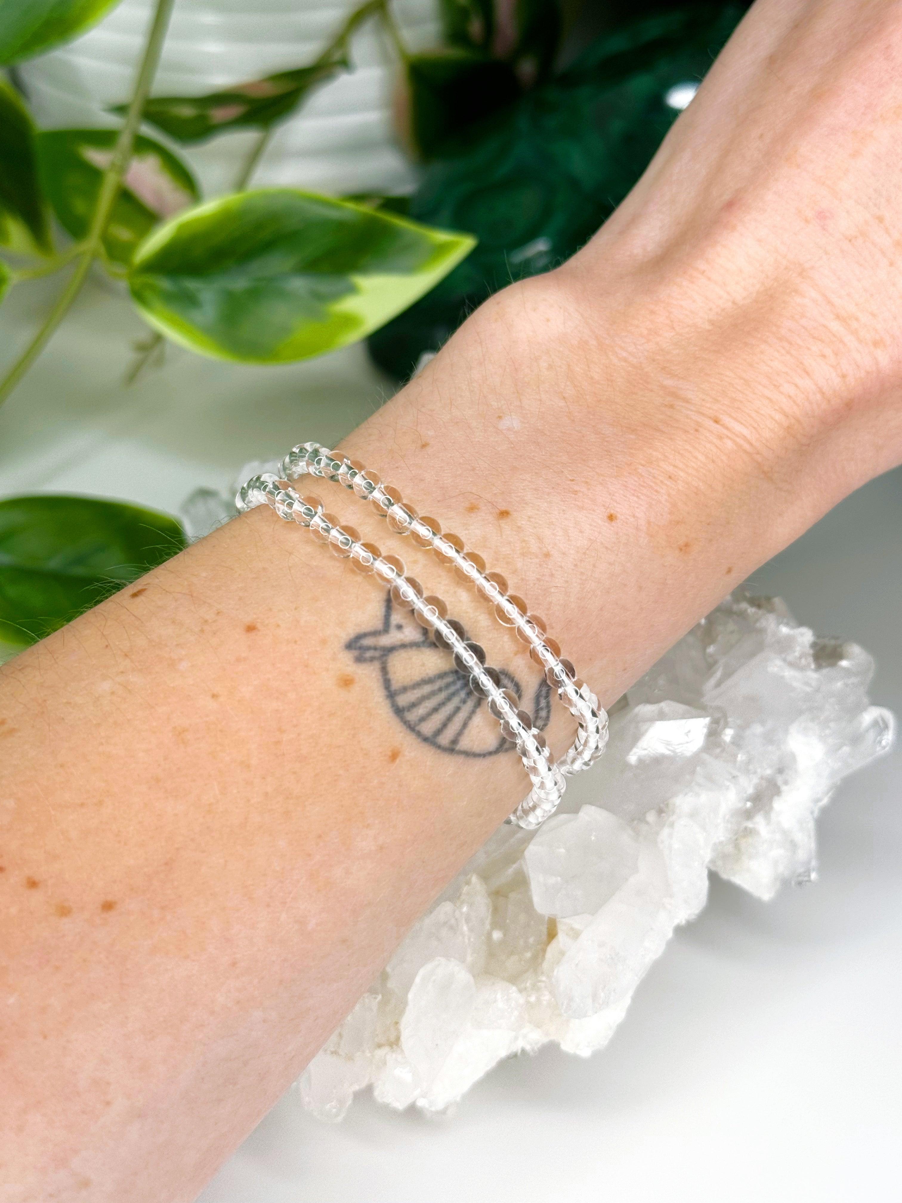 CLEAR QUARTZ 4mm - HANDMADE CRYSTAL BRACELET - 10 Dec Inventory, 6mm, air, bracelet, bracelet inventory check, cancer, clear quartz, clear/white, crystal bracelet, crystals for beginners, faceted, handmade bracelet, jewelry, June 2025 inventory check, leo, libra, market bracelet, mercury retrograde, quartz, sagittarius, storm, virgo, Wearable, winter collection, winter solstice, winter solstice collection - The Mineral Maven