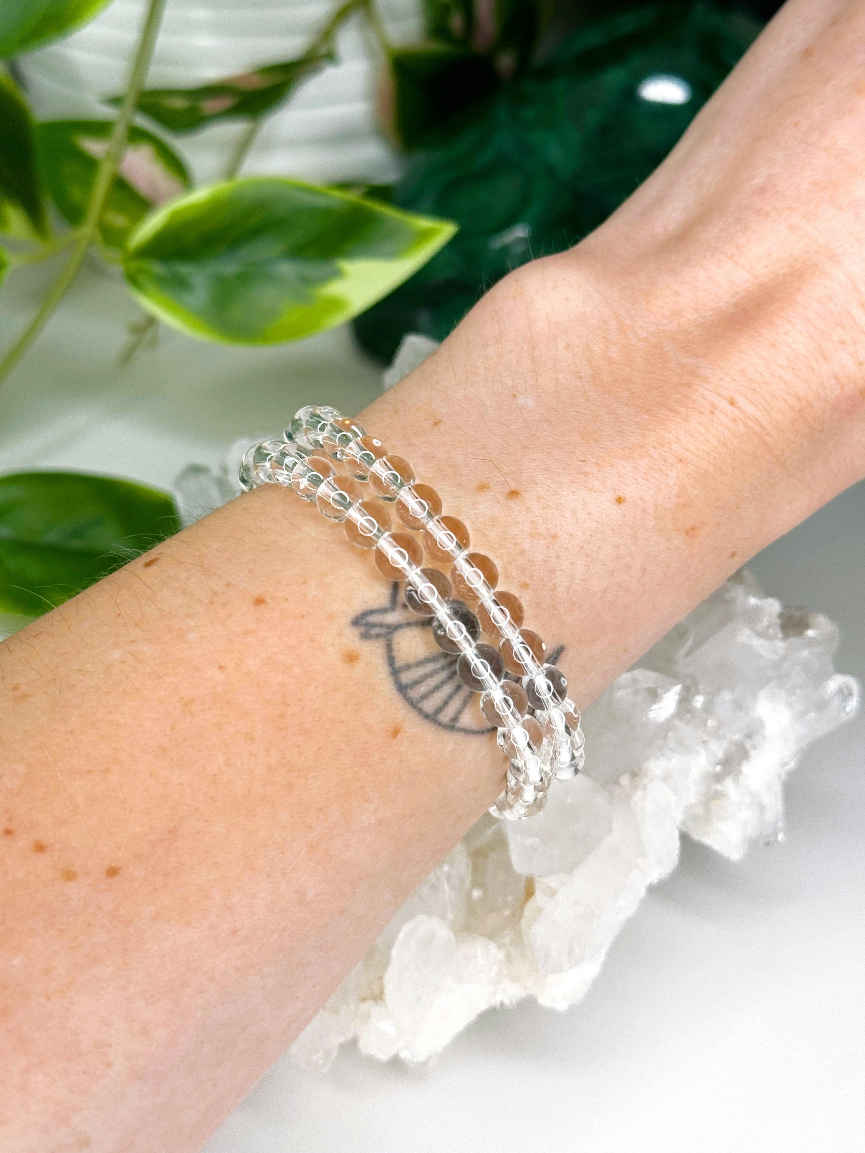 CLEAR QUARTZ 6mm - HANDMADE CRYSTAL BRACELET - 6mm, air, bracelet, cancer, clear quartz, clear/white, crystal bracelet, crystals for beginners, faceted, handmade bracelet, jewelry, June 2025 inventory check, leo, libra, market bracelet, mercury retrograde, quartz, sagittarius, storm, virgo, Wearable - The Mineral Maven