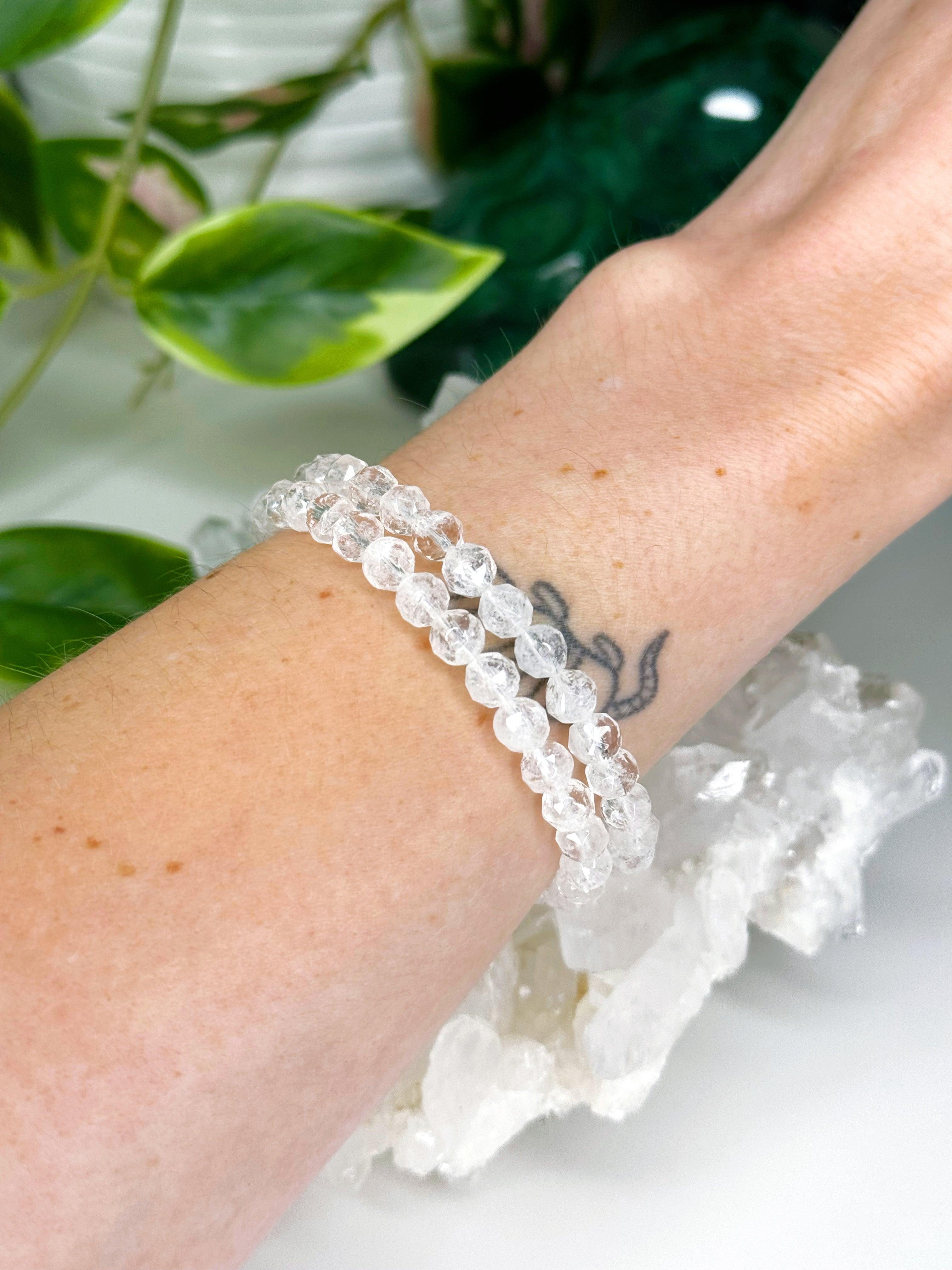 CLEAR QUARTZ (STAR CUT) 6mm - HANDMADE CRYSTAL BRACELET - 10 Dec Inventory, 6mm, air, bracelet, bracelet inventory check, cancer, clear quartz, clear/white, crystal bracelet, crystals for beginners, faceted, handmade bracelet, jewelry, June 2025 inventory check, leo, libra, market bracelet, mercury retrograde, quartz, rondelle, sagittarius, storm, virgo, Wearable, winter collection, winter solstice, winter solstice collection - The Mineral Maven