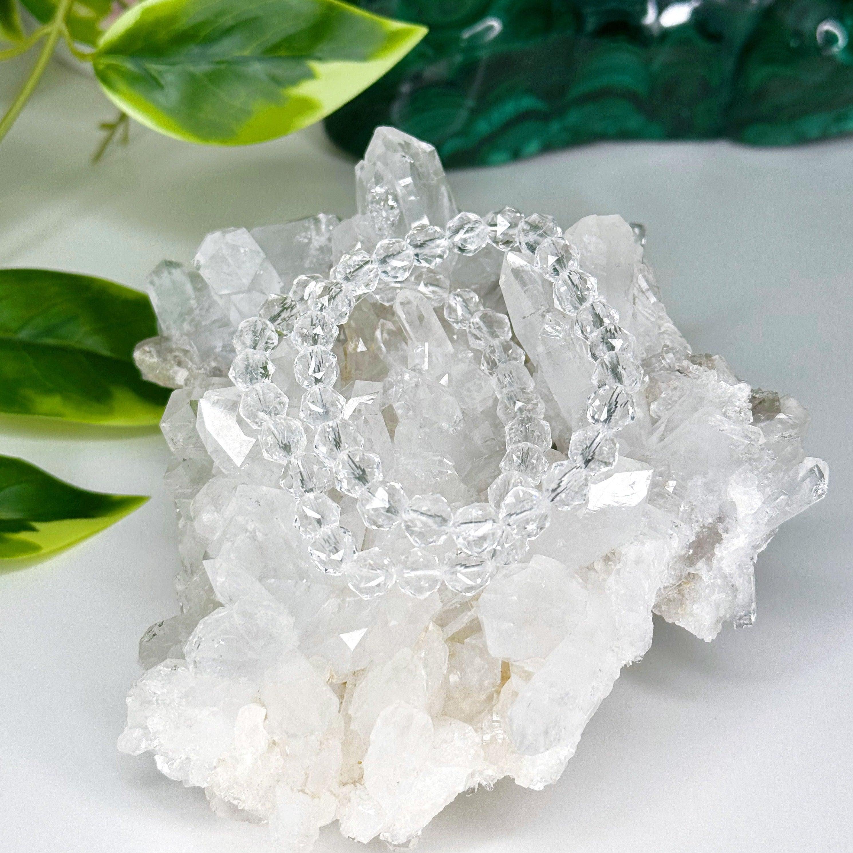 CLEAR QUARTZ (STAR CUT) 8mm - HANDMADE CRYSTAL BRACELET - 10 Dec Inventory, 8mm, air, bracelet, bracelet inventory check, cancer, clear quartz, clear/white, crystal bracelet, crystals for beginners, faceted, handmade bracelet, jewelry, June 2025 inventory check, leo, libra, market bracelet, mercury retrograde, quartz, sagittarius, storm, virgo, Wearable, winter collection, winter solstice, winter solstice collection - The Mineral Maven