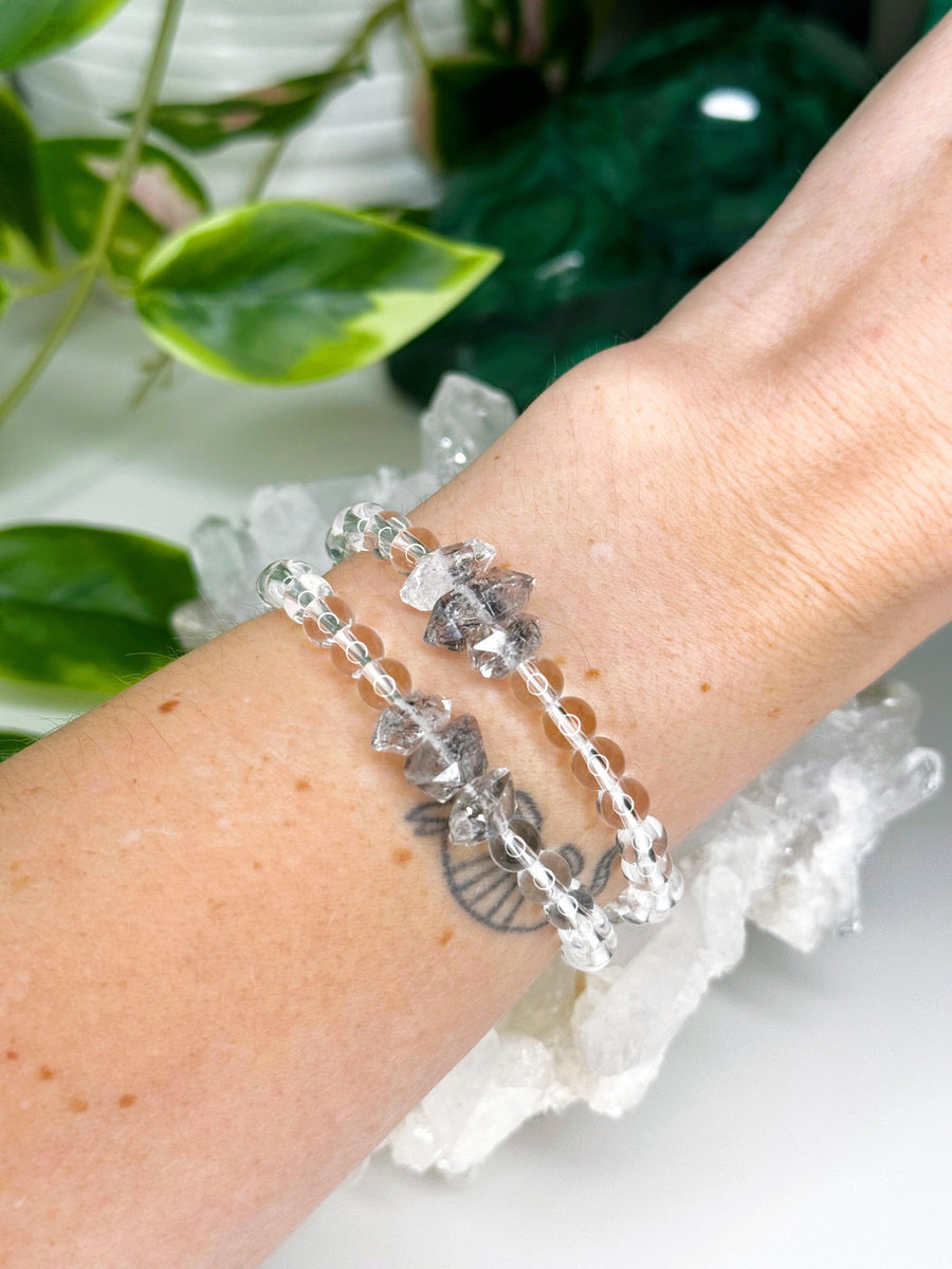 CLEAR QUARTZ W/ PAKIMER 'DIAMOND' QUARTZ ACCENT 6mm - HANDMADE CRYSTAL BRACELET - 6mm, air, bracelet, cancer, clear quartz, clear/white, crystal bracelet, handmade bracelet, herkimer, herkimer quartz, jewelry, leo, libra, mercury retrograde, pakimer, pakimer diamond, pakimer quartz, quartz, recently added, sagittarius, storm, virgo, Wearable, winter solstice collection - The Mineral Maven