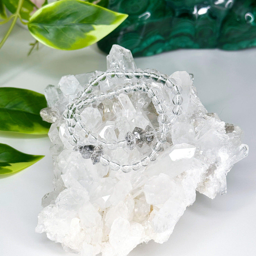 CLEAR QUARTZ W/ PAKIMER 'DIAMOND' QUARTZ ACCENT 6mm - HANDMADE CRYSTAL BRACELET - 6mm, air, bracelet, cancer, clear quartz, clear/white, crystal bracelet, handmade bracelet, herkimer, herkimer quartz, jewelry, leo, libra, mercury retrograde, pakimer, pakimer diamond, pakimer quartz, quartz, recently added, sagittarius, storm, virgo, Wearable, winter solstice collection - The Mineral Maven