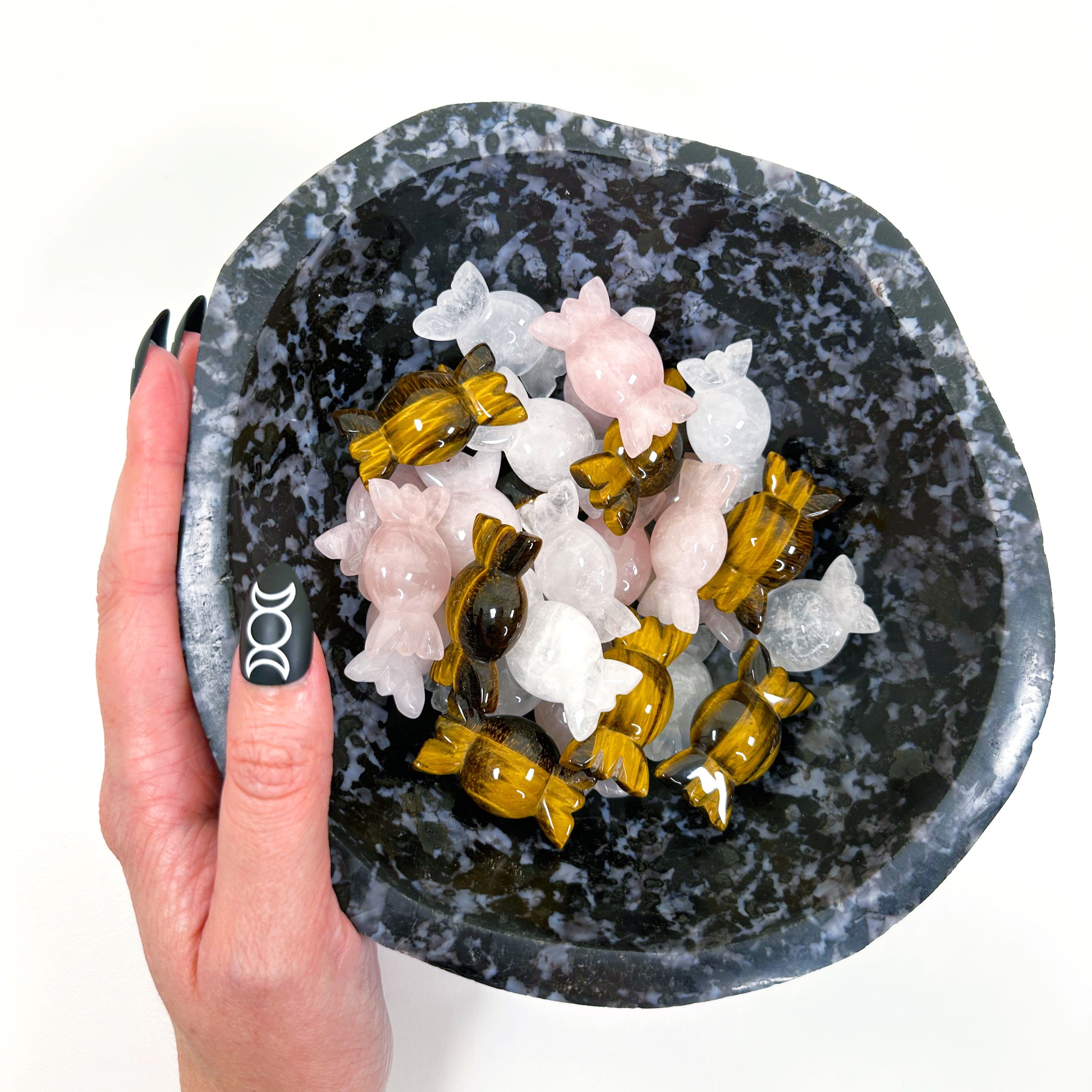 CRYSTAL CANDY - candy, clear quartz, crystal candy, polished, polished stone, rose quartz, summerween collection, tiger's eye - The Mineral Maven