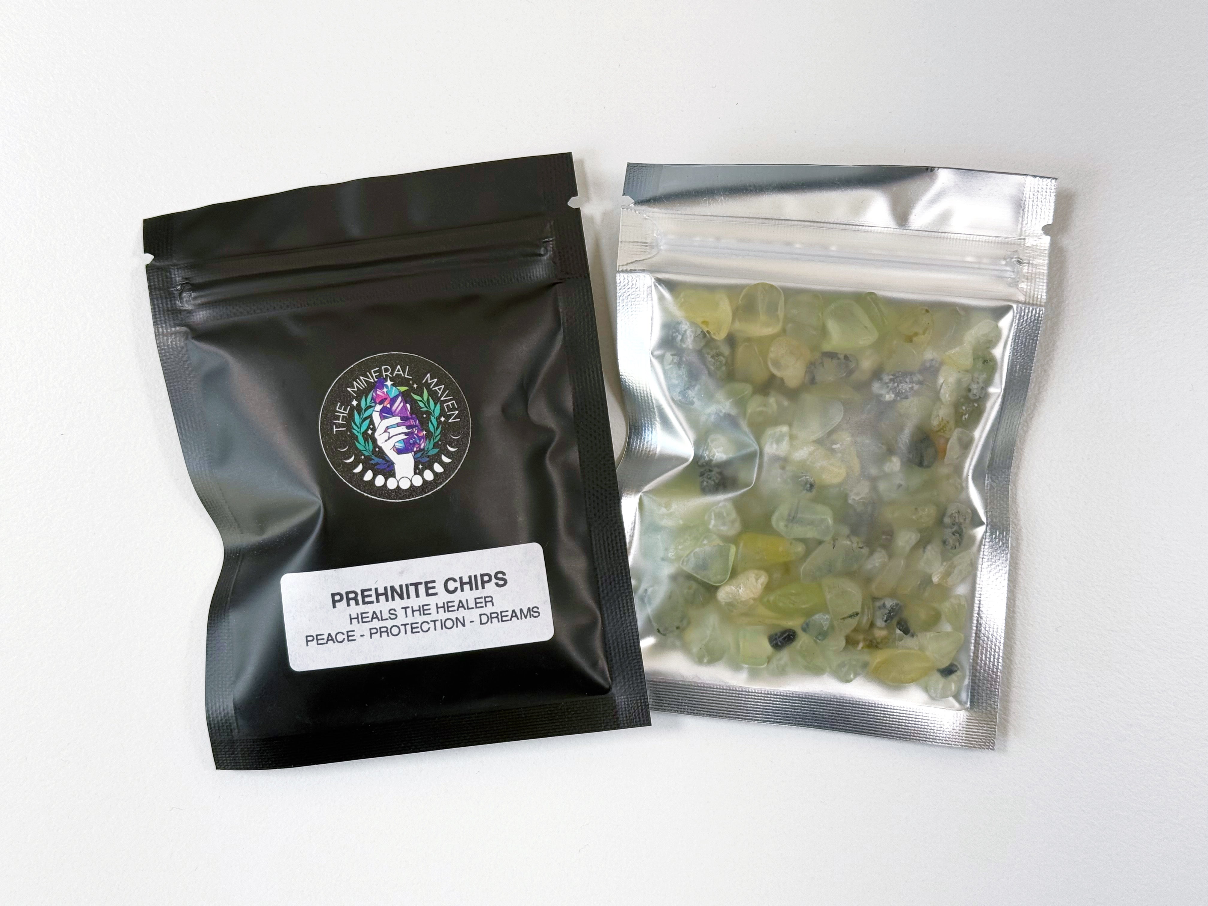 CRYSTAL CHIP BAGGIE - black onyx, black tourmaline, carnelian, chips, crystal chips, crystal grid, crystal grids, energy tool, garnet, green quartz, grid, gridding, prehnite, quartz, rainbow moonstone, white moonstone, white quartz - The Mineral Maven