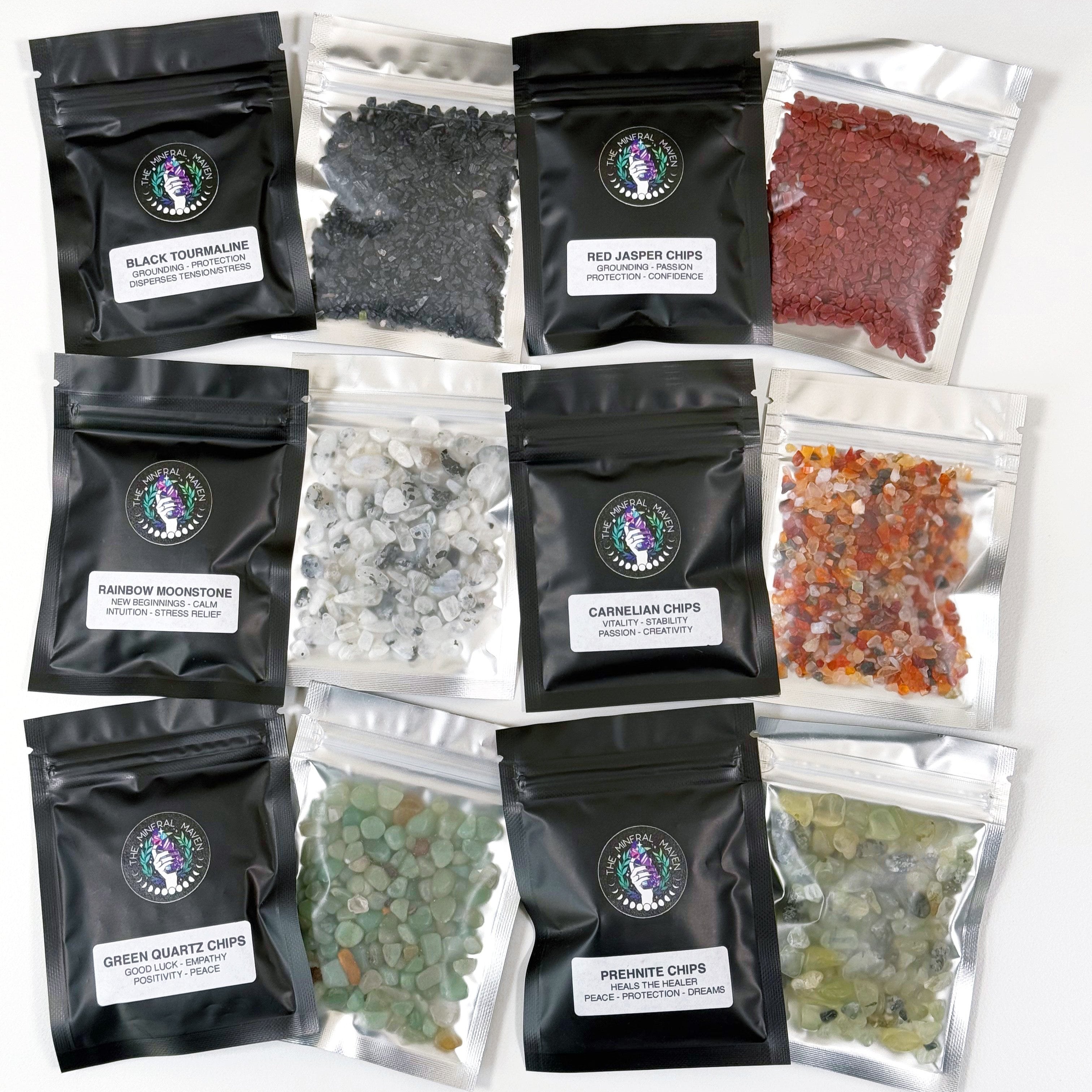 CRYSTAL CHIP BAGGIE - black onyx, black tourmaline, carnelian, chips, crystal chips, crystal grid, crystal grids, energy tool, garnet, green quartz, grid, gridding, prehnite, quartz, rainbow moonstone, white moonstone, white quartz - The Mineral Maven