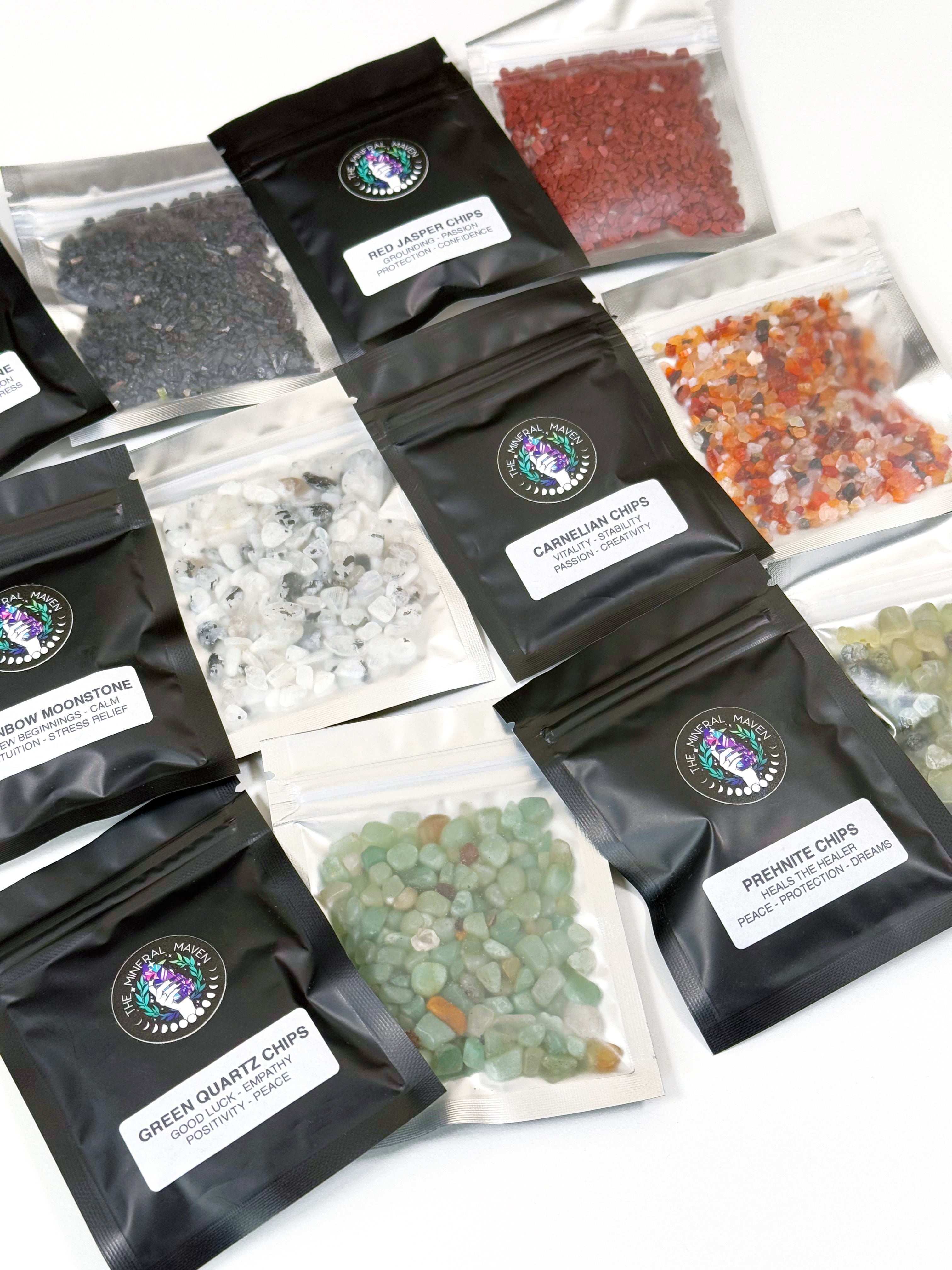 CRYSTAL CHIP BAGGIE - black onyx, black tourmaline, carnelian, chips, crystal chips, crystal grid, crystal grids, energy tool, garnet, green quartz, grid, gridding, prehnite, quartz, rainbow moonstone, white moonstone, white quartz - The Mineral Maven