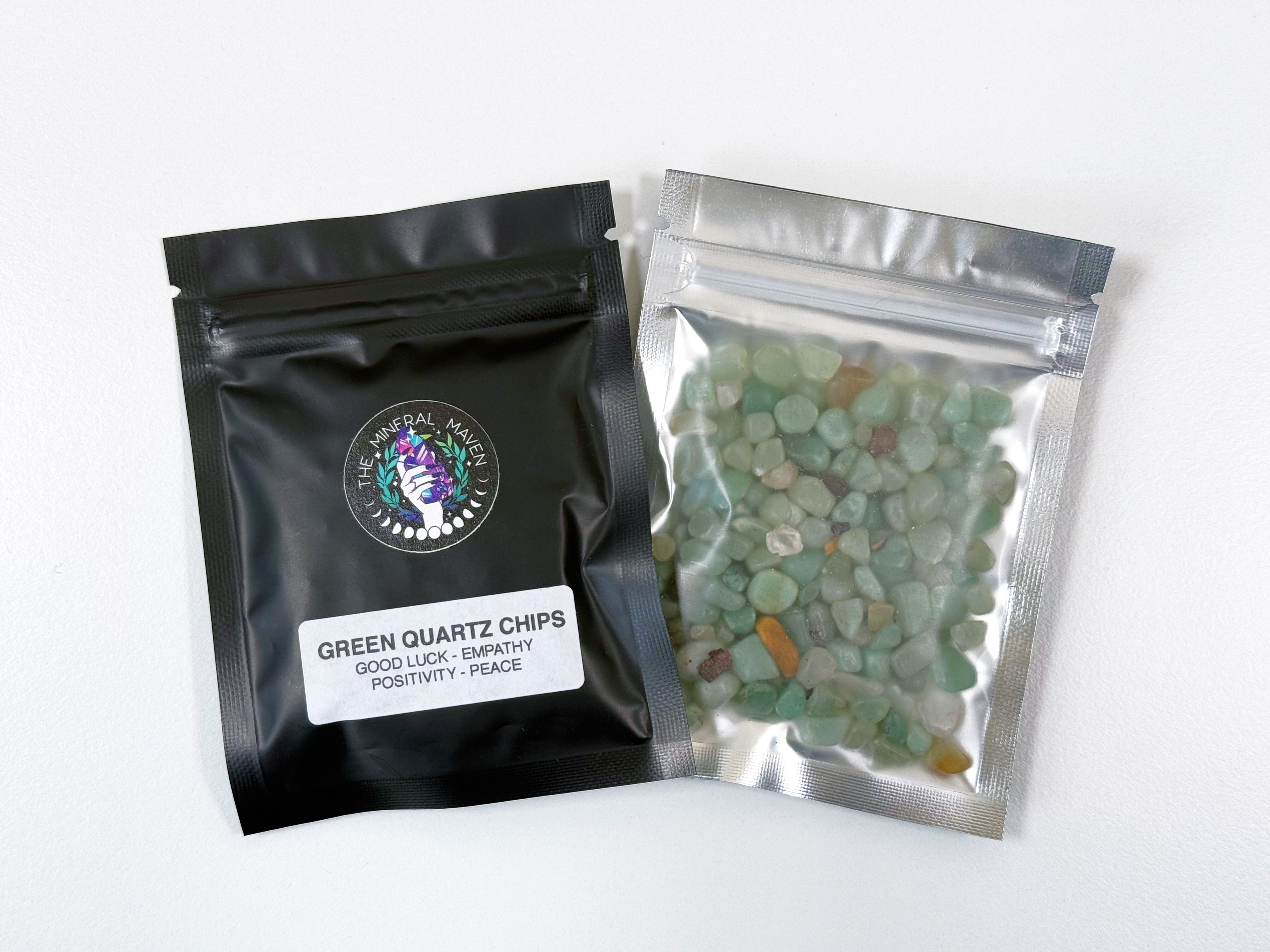 CRYSTAL CHIP BAGGIE - black onyx, black tourmaline, carnelian, chips, crystal chips, crystal grid, crystal grids, energy tool, garnet, green quartz, grid, gridding, prehnite, quartz, rainbow moonstone, white moonstone, white quartz - The Mineral Maven