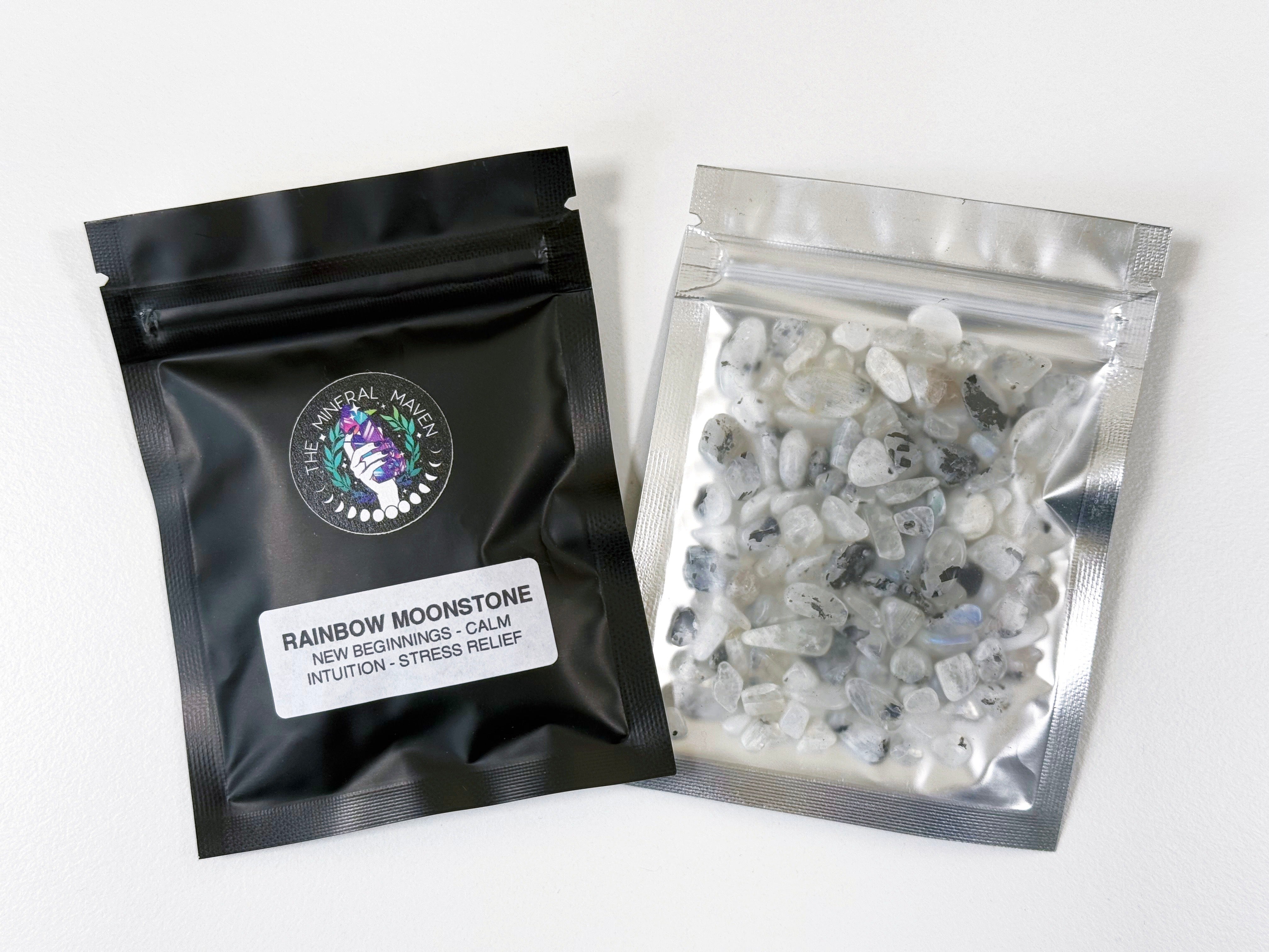 CRYSTAL CHIP BAGGIE - black onyx, black tourmaline, carnelian, chips, crystal chips, crystal grid, crystal grids, energy tool, garnet, green quartz, grid, gridding, prehnite, quartz, rainbow moonstone, white moonstone, white quartz - The Mineral Maven