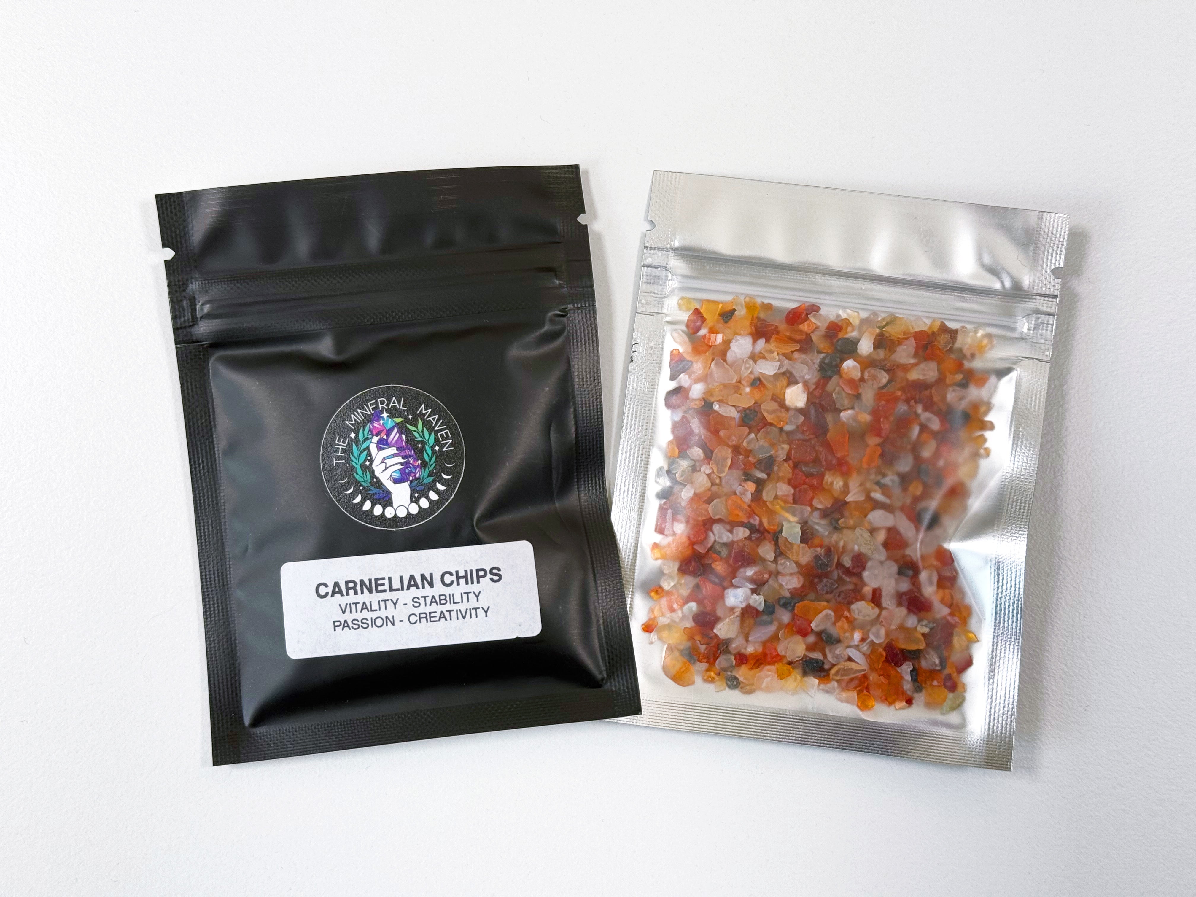 CRYSTAL CHIP BAGGIE - black onyx, black tourmaline, carnelian, chips, crystal chips, crystal grid, crystal grids, energy tool, garnet, green quartz, grid, gridding, prehnite, quartz, rainbow moonstone, white moonstone, white quartz - The Mineral Maven